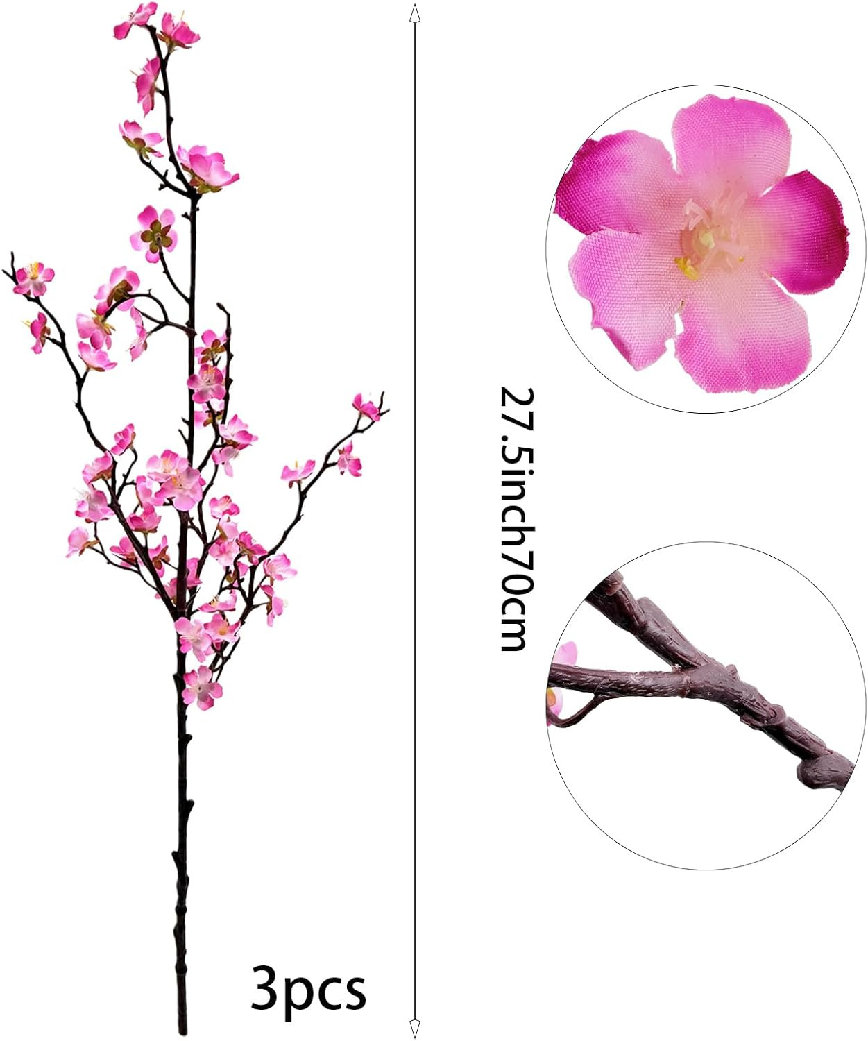Artificial Plum Blossom Flowers 3Pcs Faux Cherry Blossom Flower Silk Peach Flowe