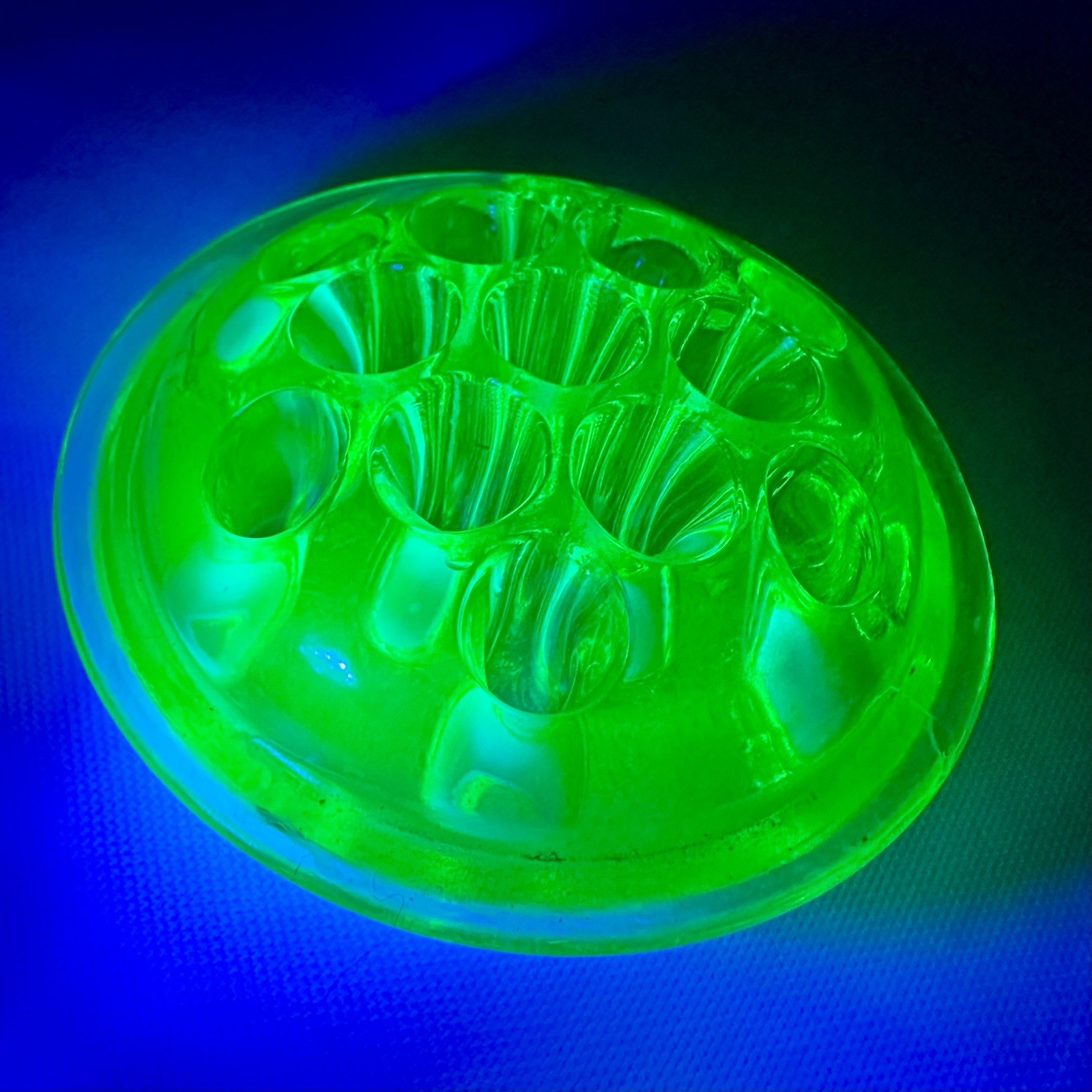 Vintage Vaseline Uranium Glass 13 holes 4 Inch Flower Frog UV Glows Green