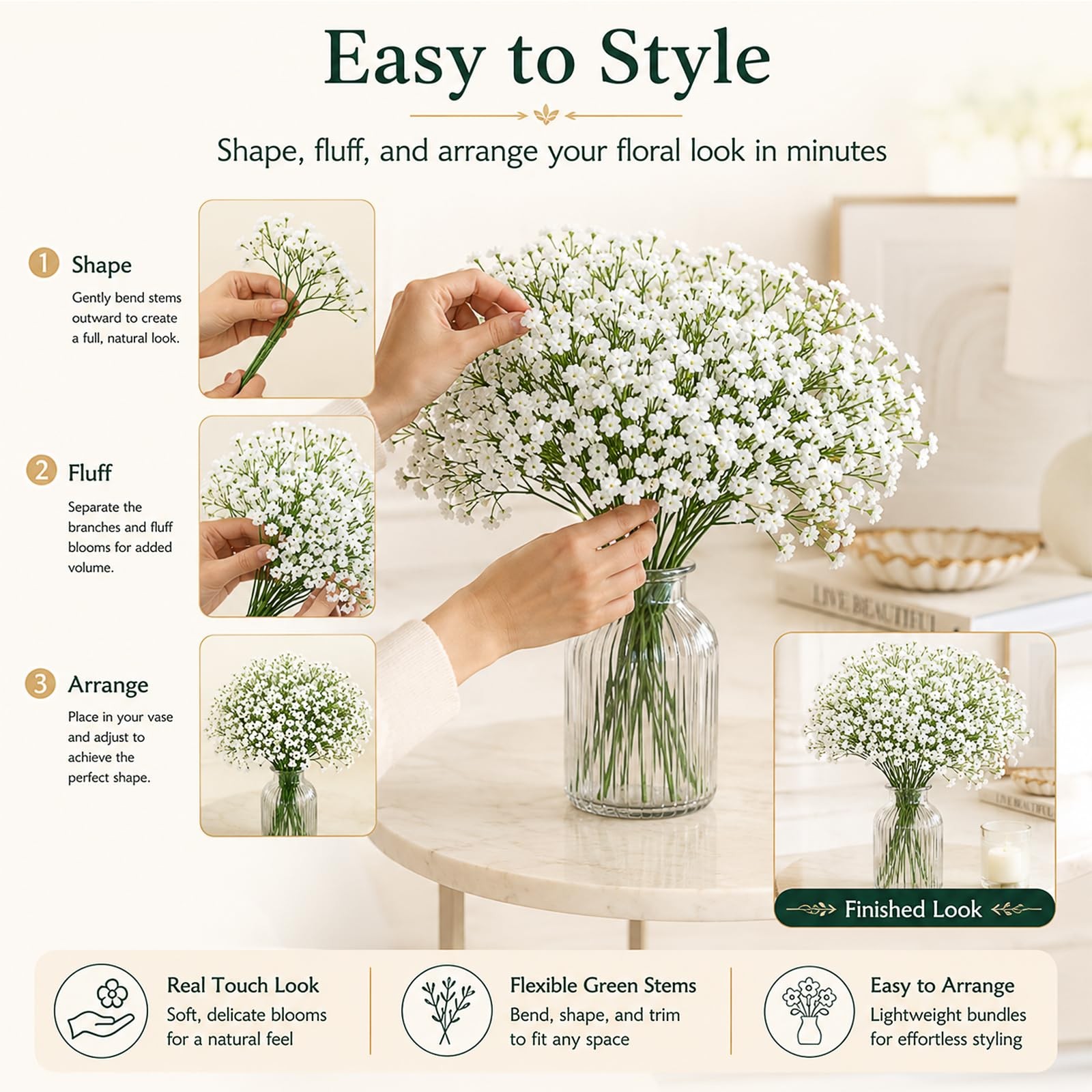 100 Pcs Baby’s Breath Artificial Flowers Bulk, White Real Touch Gypsophila Fa…