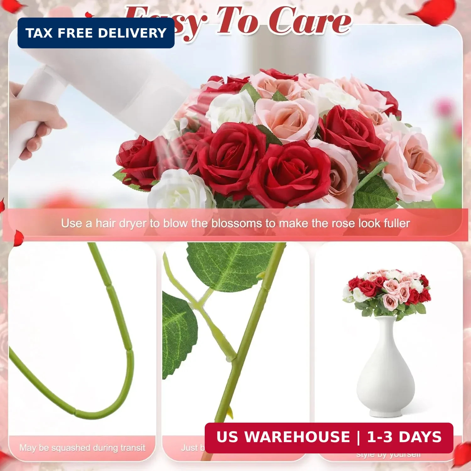 36 Pcs Red White Pink Artificial Roses with Long Stems, Fake Silk Rose Artificia