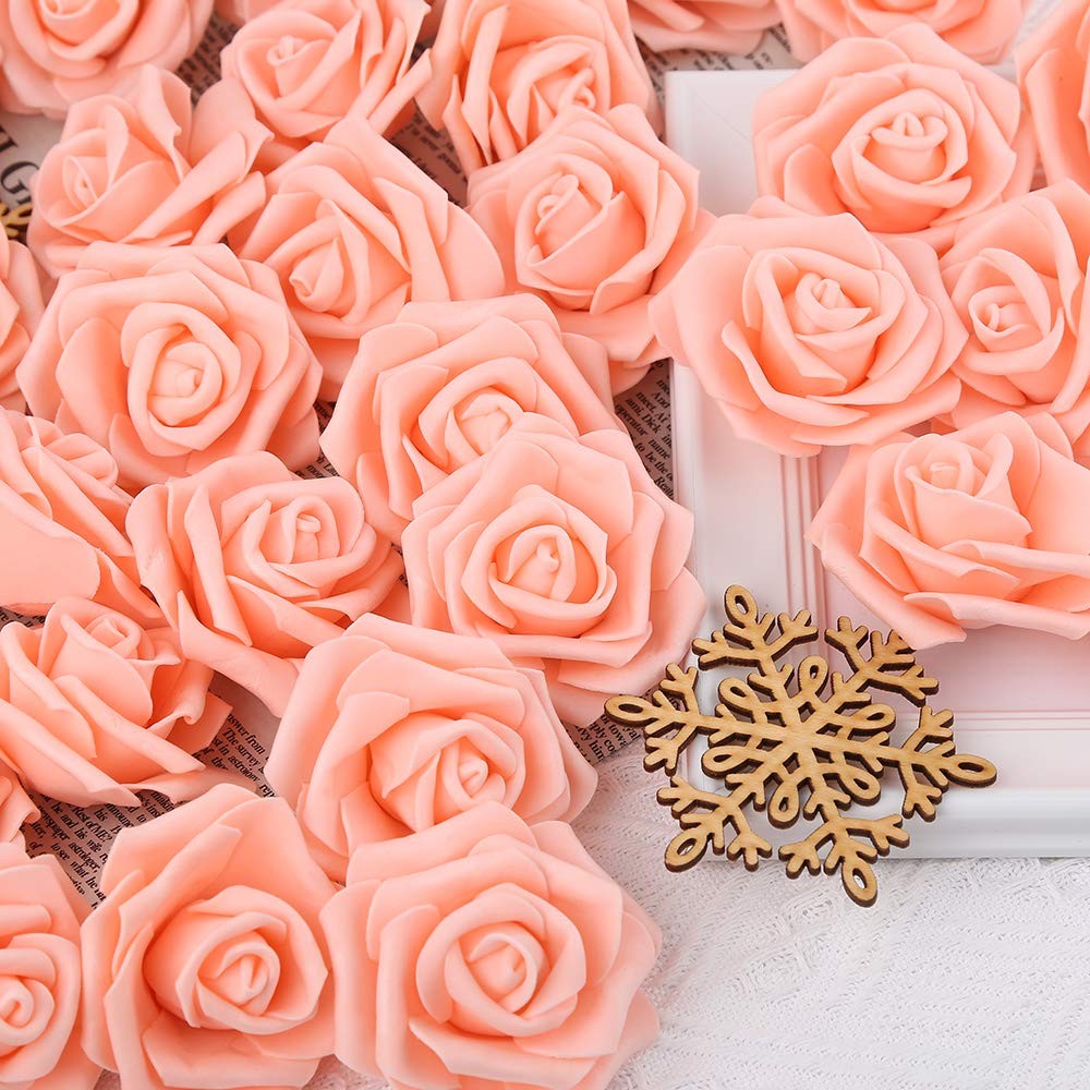 Artificial Rose Flower Heads, 100pcs Peach Roses Artificial Flower Foam Rose …