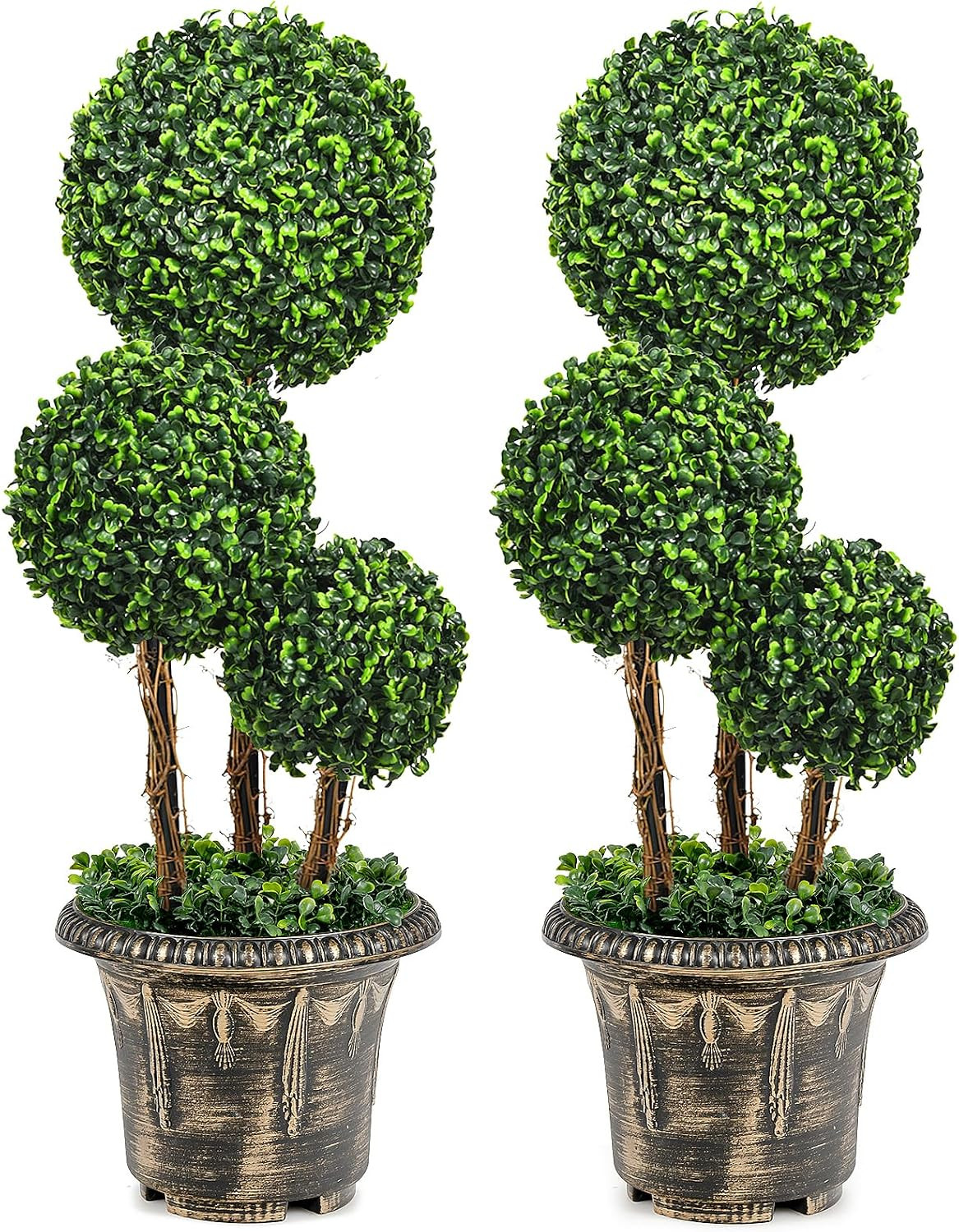 2.5 Ft Artificial Boxwood Topiary Tree, 2 Pack Fake Greenery Plants Triple Ball