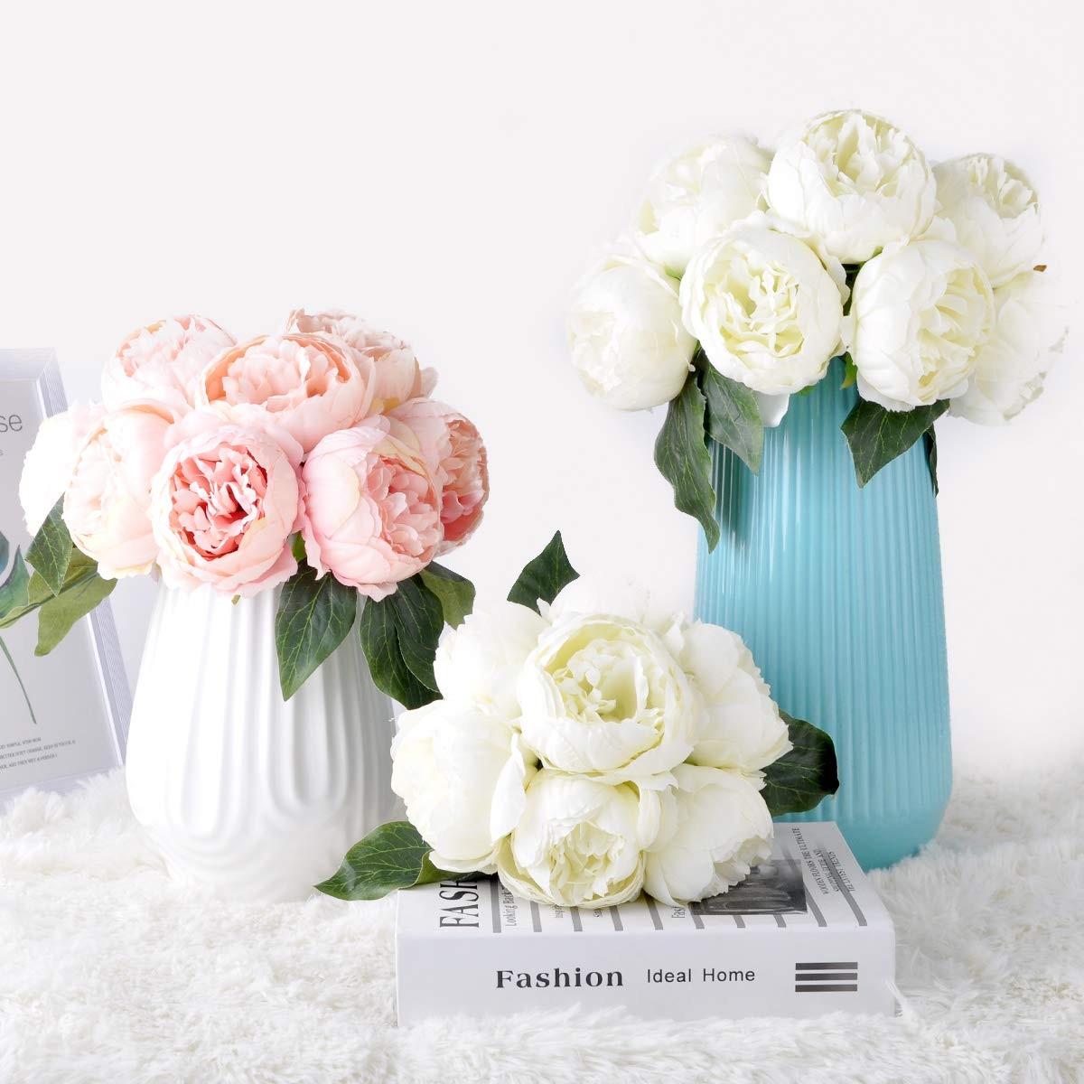 Louiesya Artificial Fake Flowers Peony 7 Flower Heads Silk Flower Arrangements W