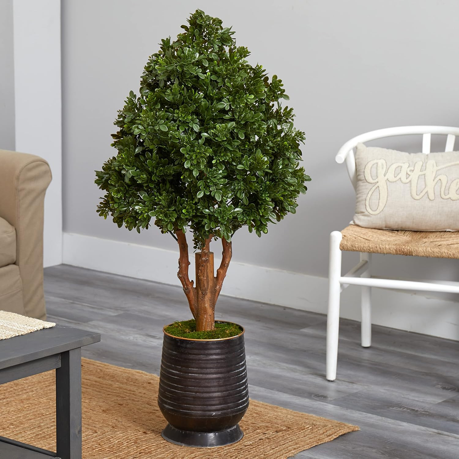 49″ UV Resistant Tea Leaf Artificial Tree in Metal Planter for Indoor/Outdoor Us