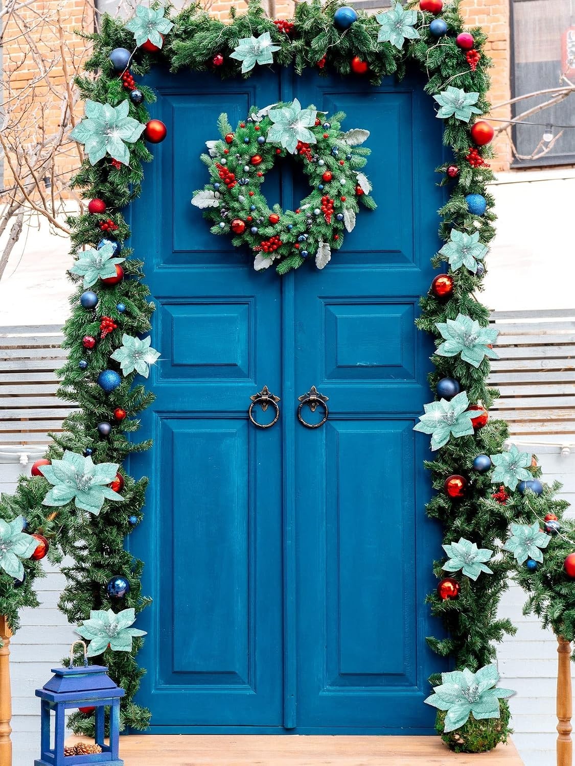 Deluxe 24 Pcs Blue & Green Glitter Poinsettias – Perfect for Christmas Wreaths