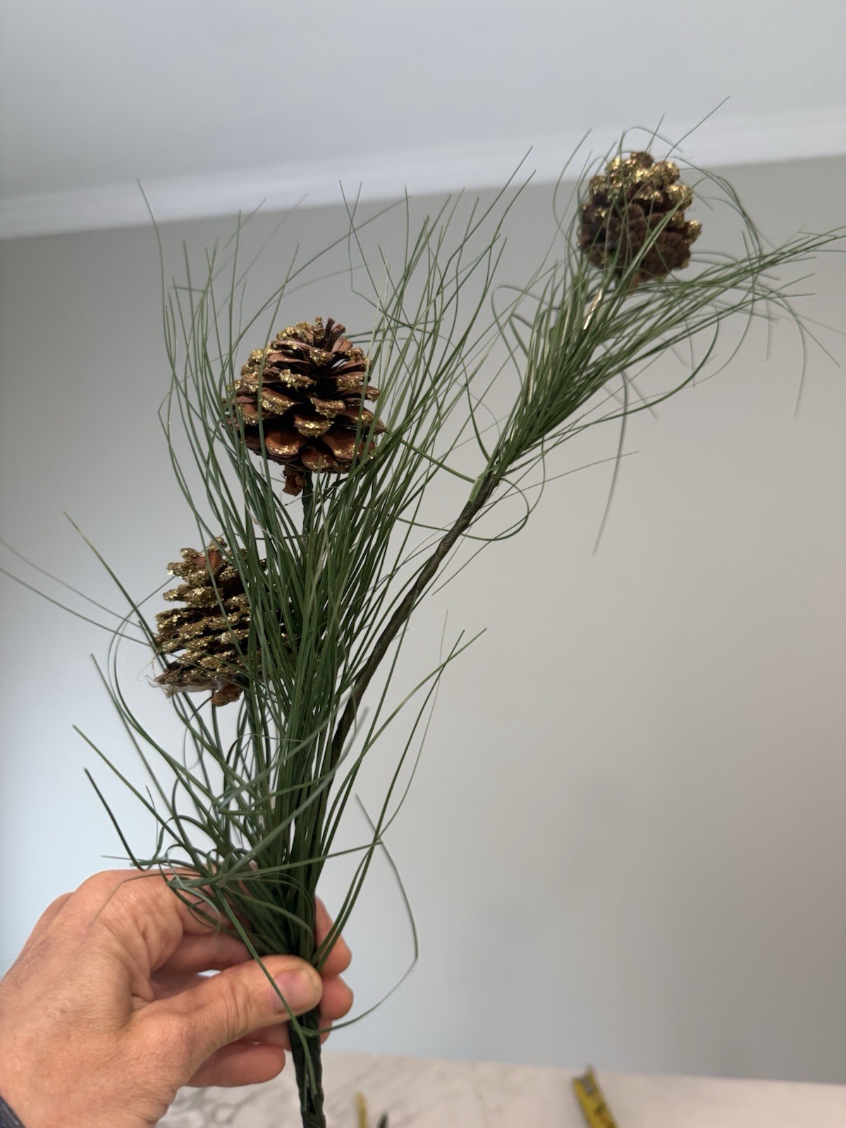 7 branches Pinecones gold green stems over 26″ long