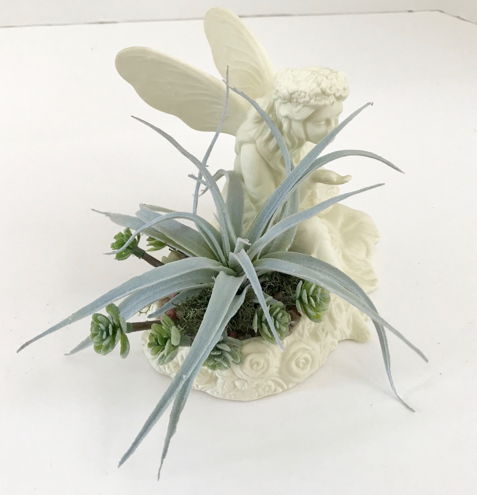 Decorative Ceramic White Seated Angel with Flower Basket Green Grass Succulent
