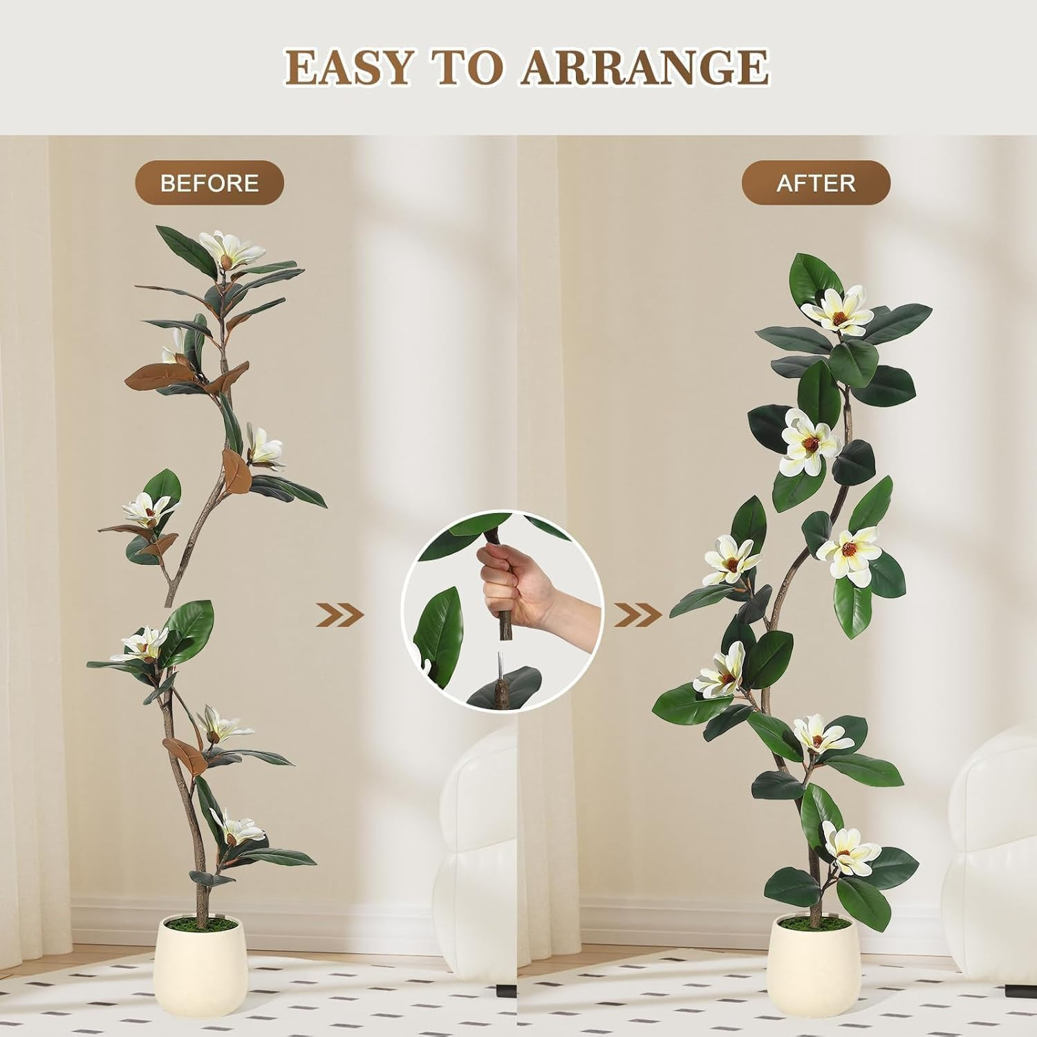 Artificial Magnolia Tree, Tall Faux Plant Indoor with White Flowers in White Pla