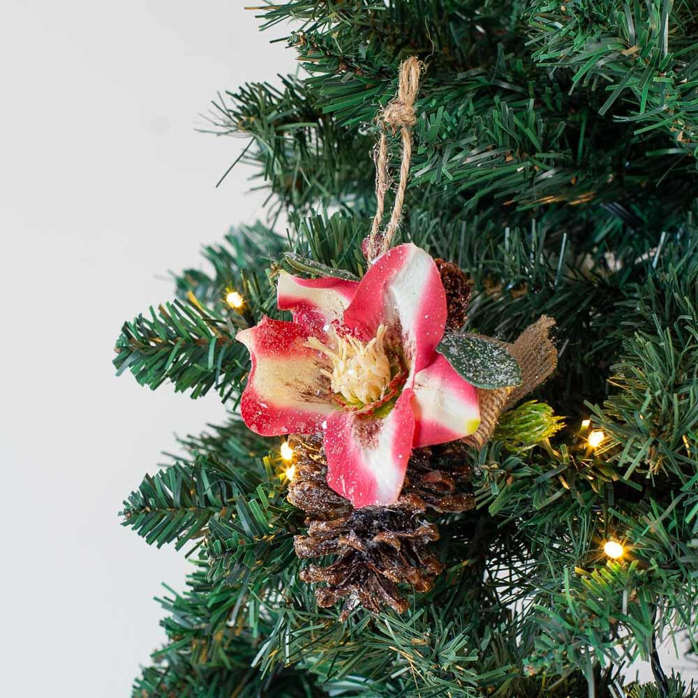 Set of 4 Sparkling Pine Cone 5″ Ornaments with Flower Accent & Burlap Bow