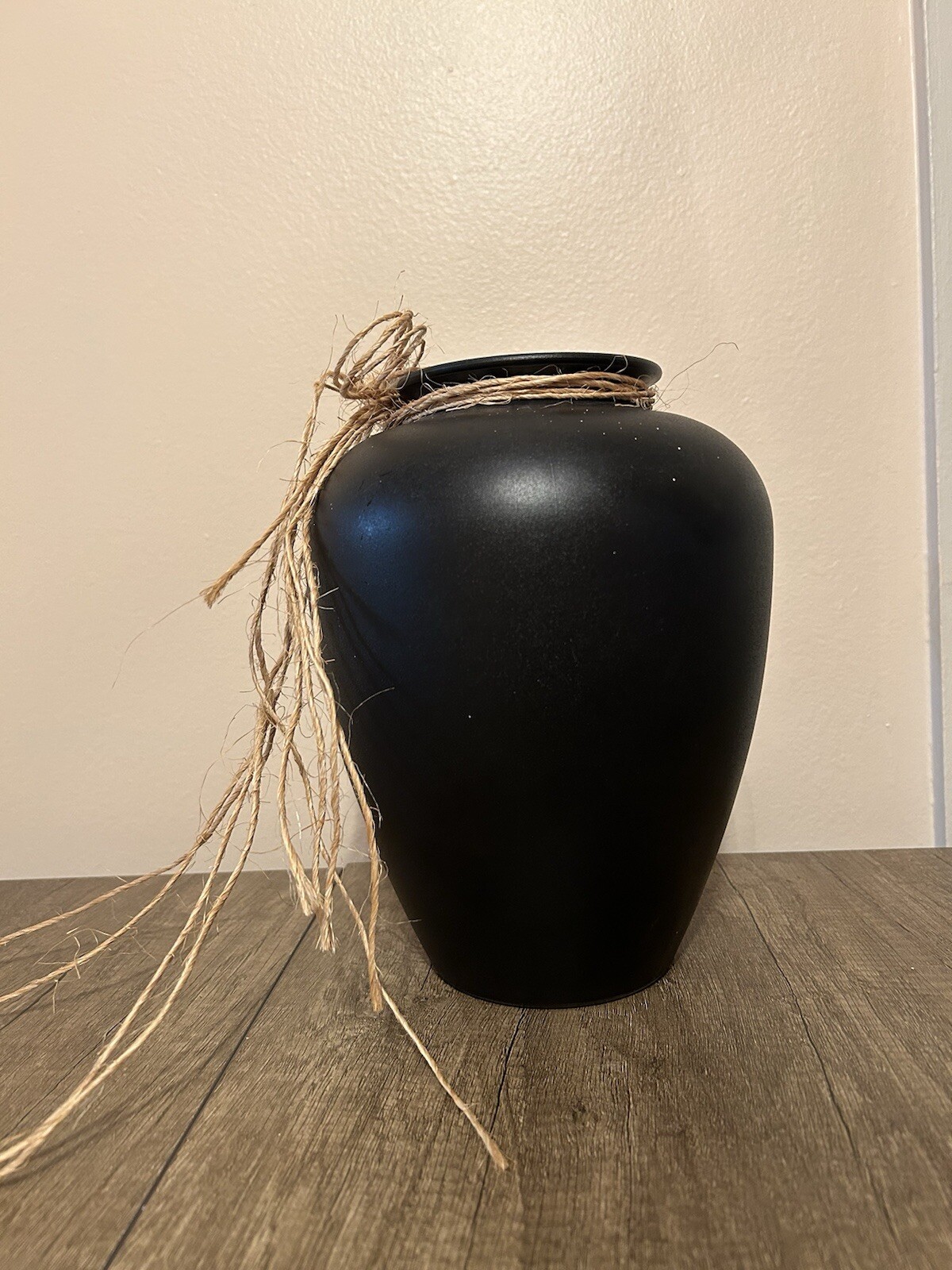 Black Matte Decorative Vase with Natural Jute Rope in Minimalist Style
