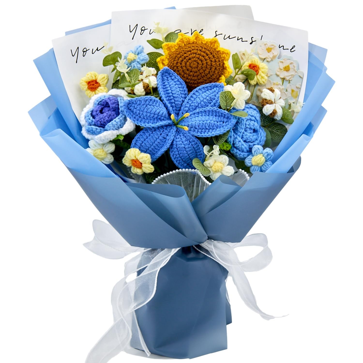 Crochet Flowers, Blue Crochet Flower Bouquet with 14 Knitted Flowers Sunflowe…