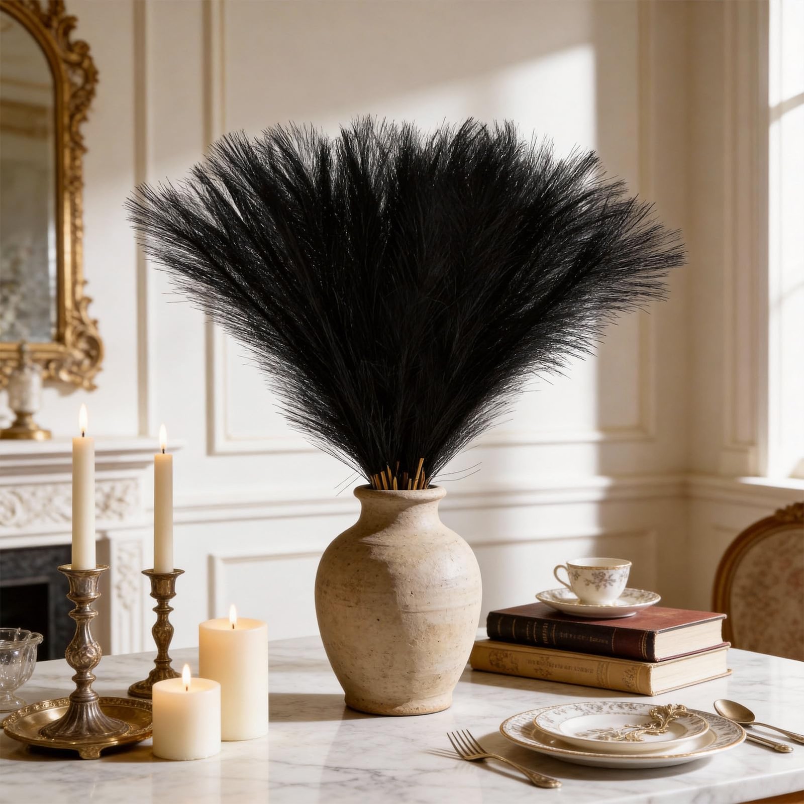 Black Pampas Grass Faux NonShedding Gothic Home Wedding Decor 21.6 In 50 PCS