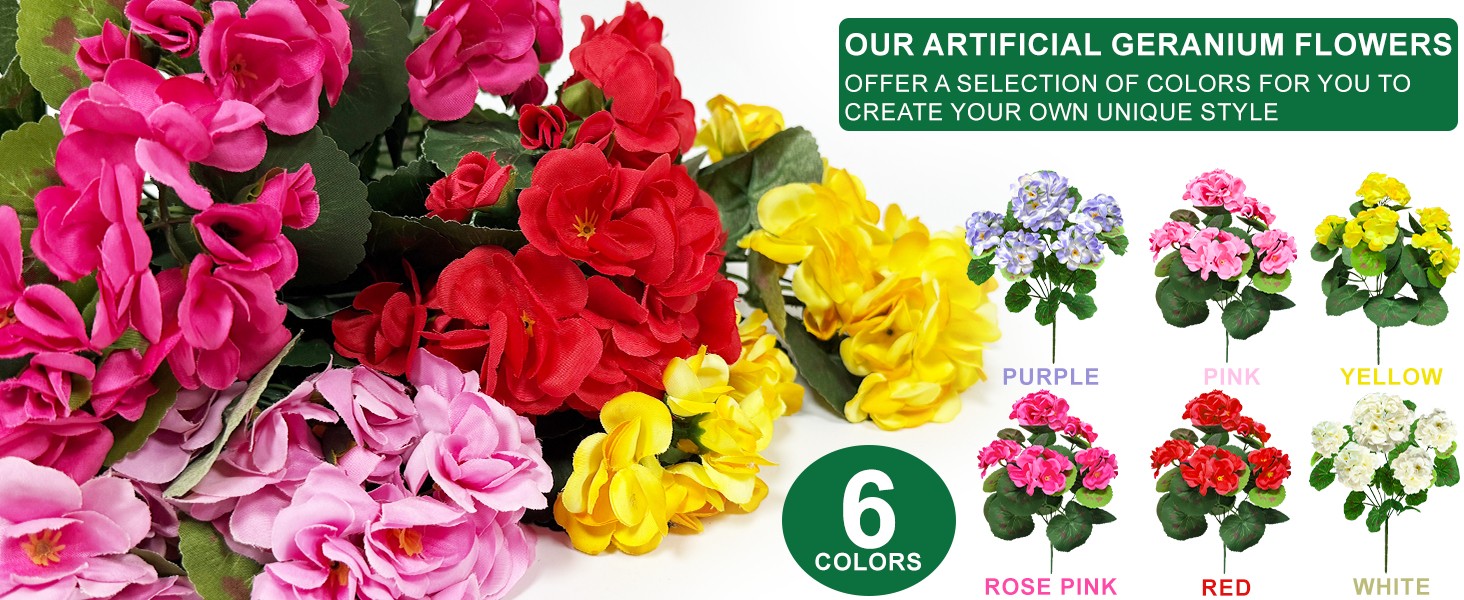4 Bundles Artificial Geraniums Flowers for Outdoors Summer Decor | Fake Flowers