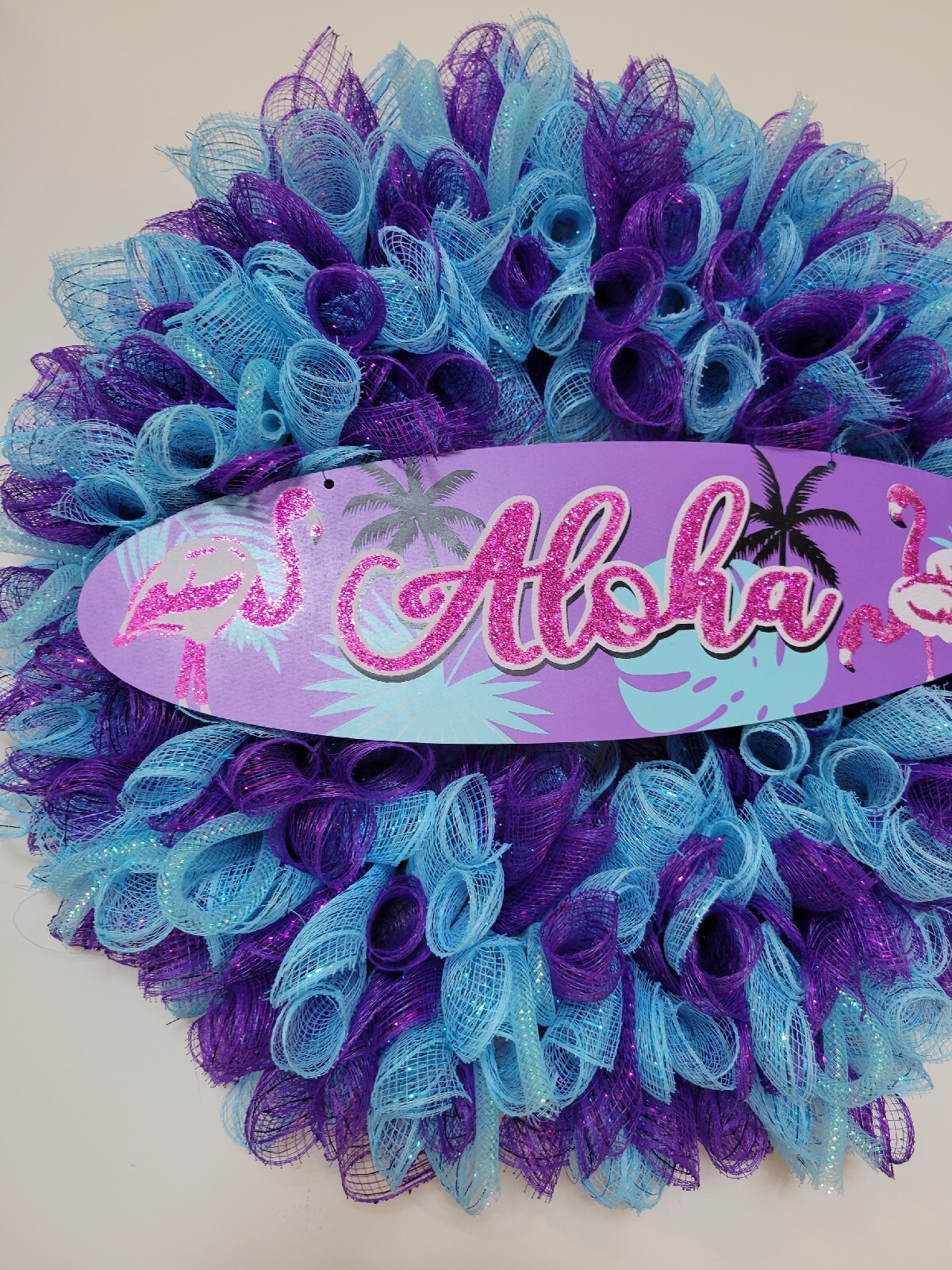 ALOHA Summer Spring Mesh Front Door Wreath Wall Decor BRIGHT Purple Pink Blue