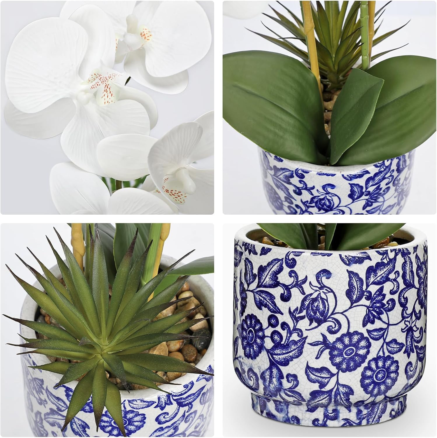 White Orchid Silk Arrangement in Blue and White Ceramic Pot for Home Decor