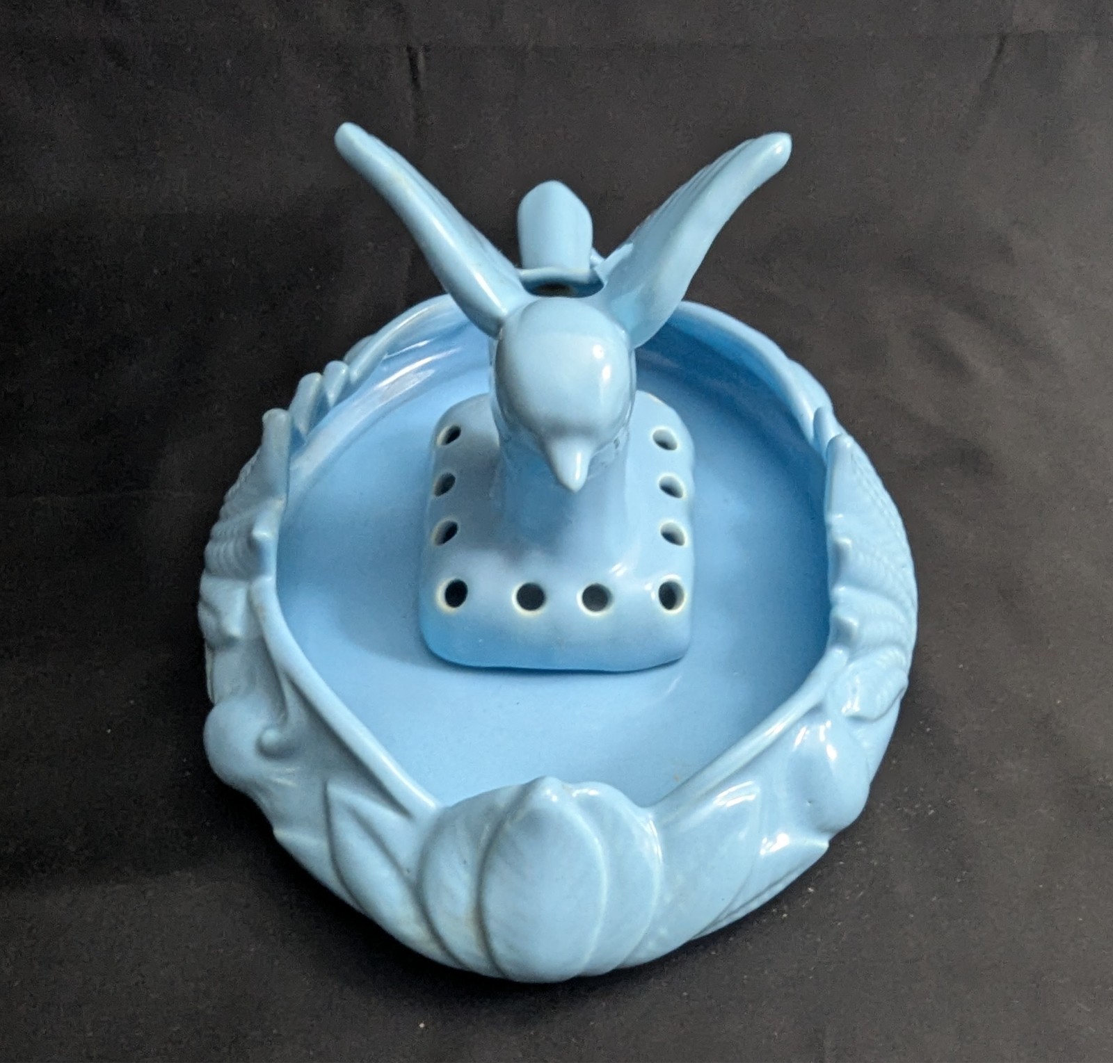 Vtg Camark Art Pottery Blue Shallow Bowl Planter & Bird Flower Frog Set (S4)