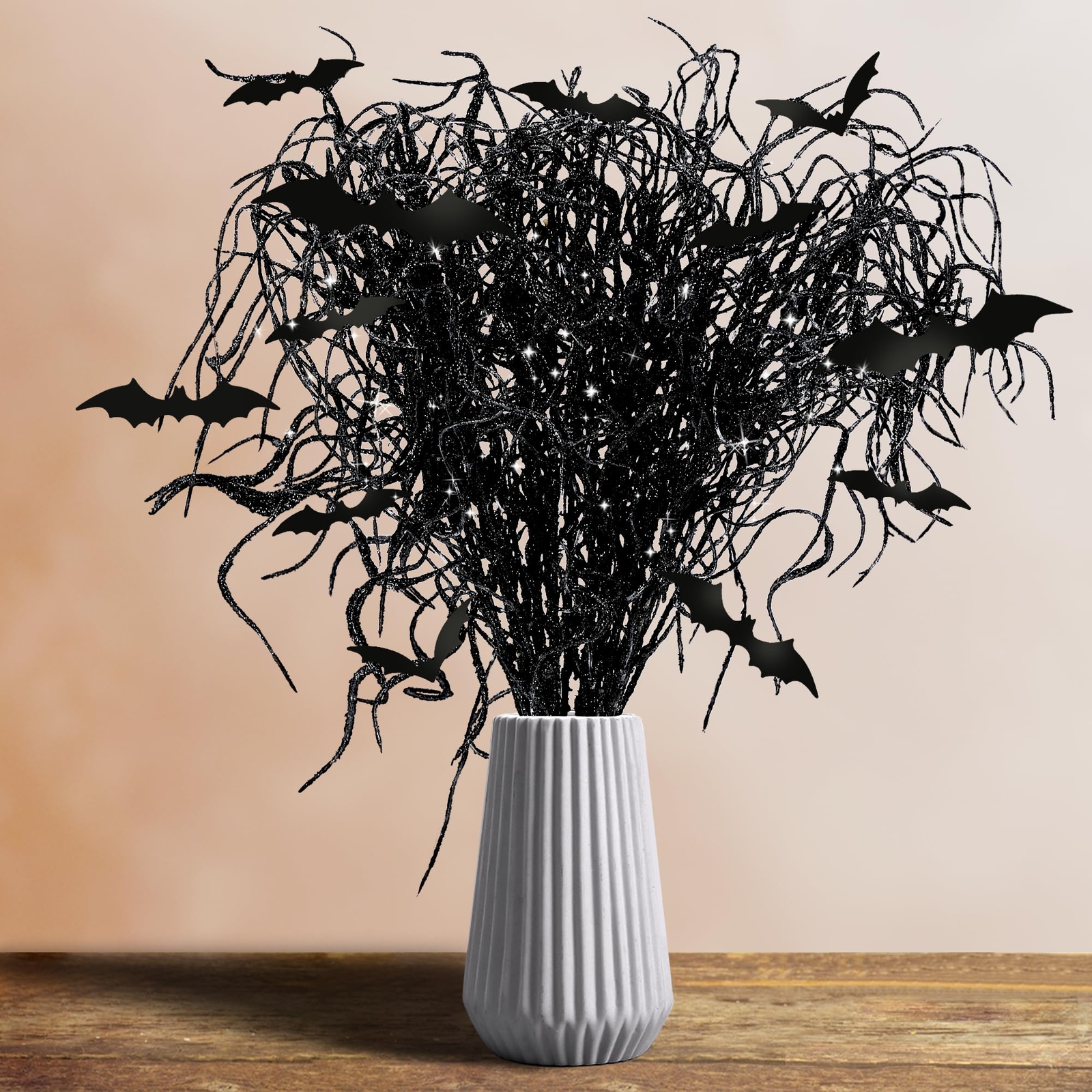 24 Pcs Halloween Artificial Curly Willow Branches with 12 Pcs Bats- Fake Blac…