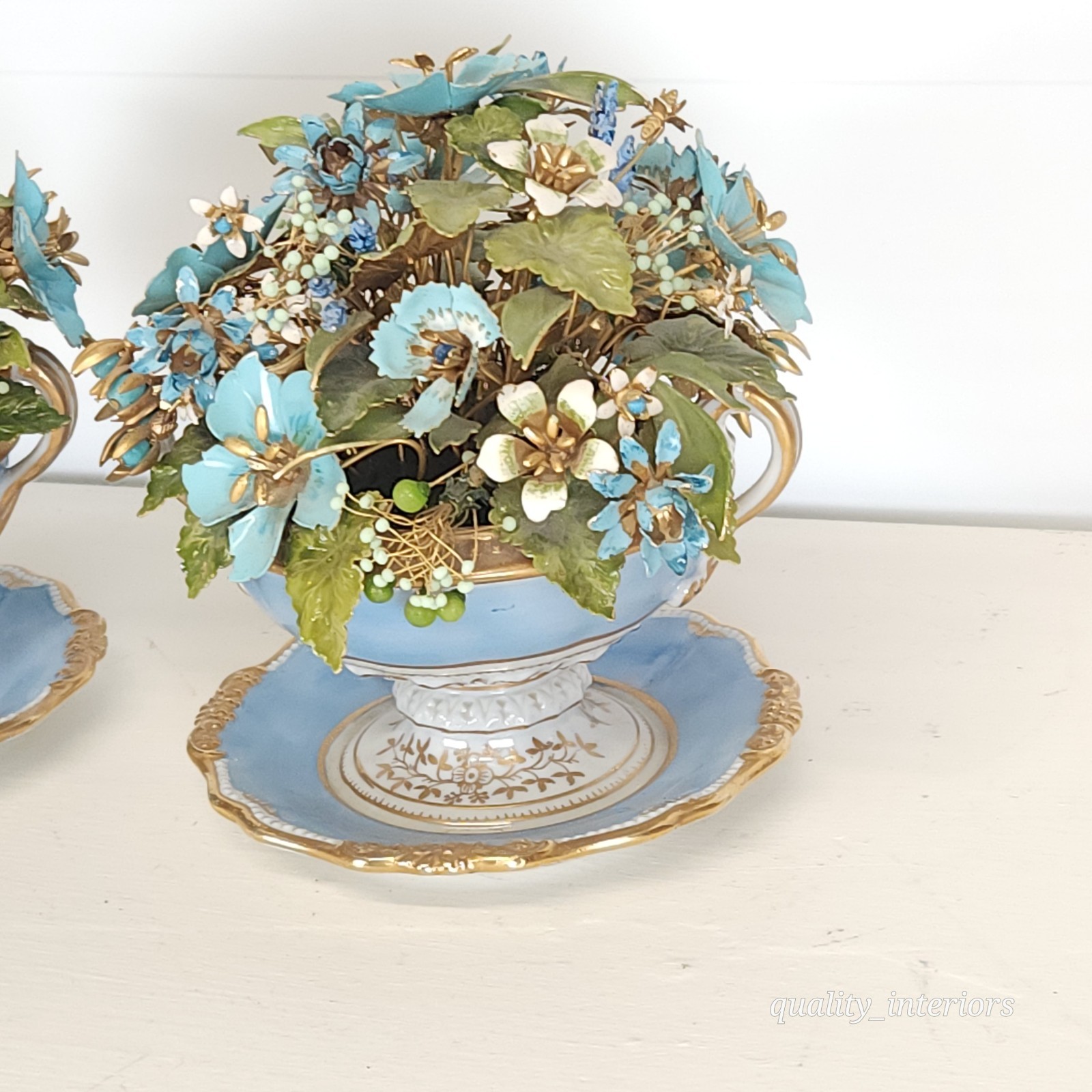 Pair Jane Hutcheson for Gorham Blue 2 Handled Teacup & Saucer Floral Arrangement