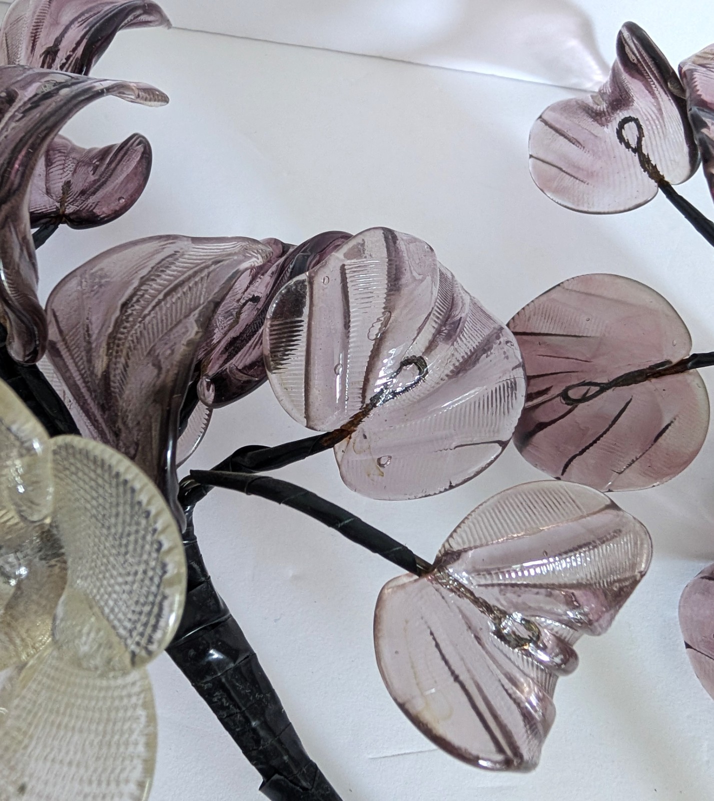 Vintage Hand Blown Glass Smoky Amethyst Flower Branches Set Of 3 Stalks MCM 15″