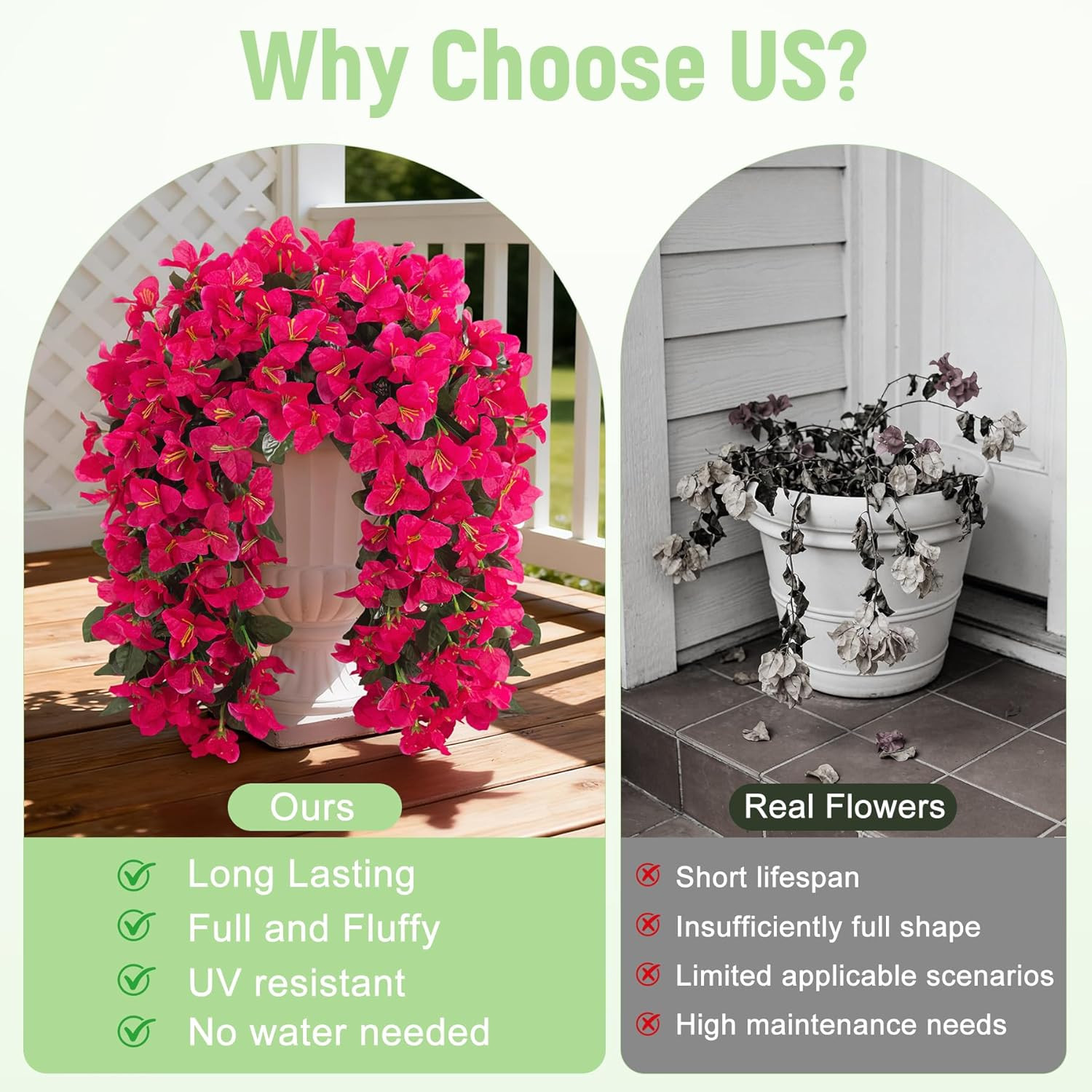 2 Pack Artificial Bougainvillea Hanging Flowers Silk Vines Outdoor Porch Patio
