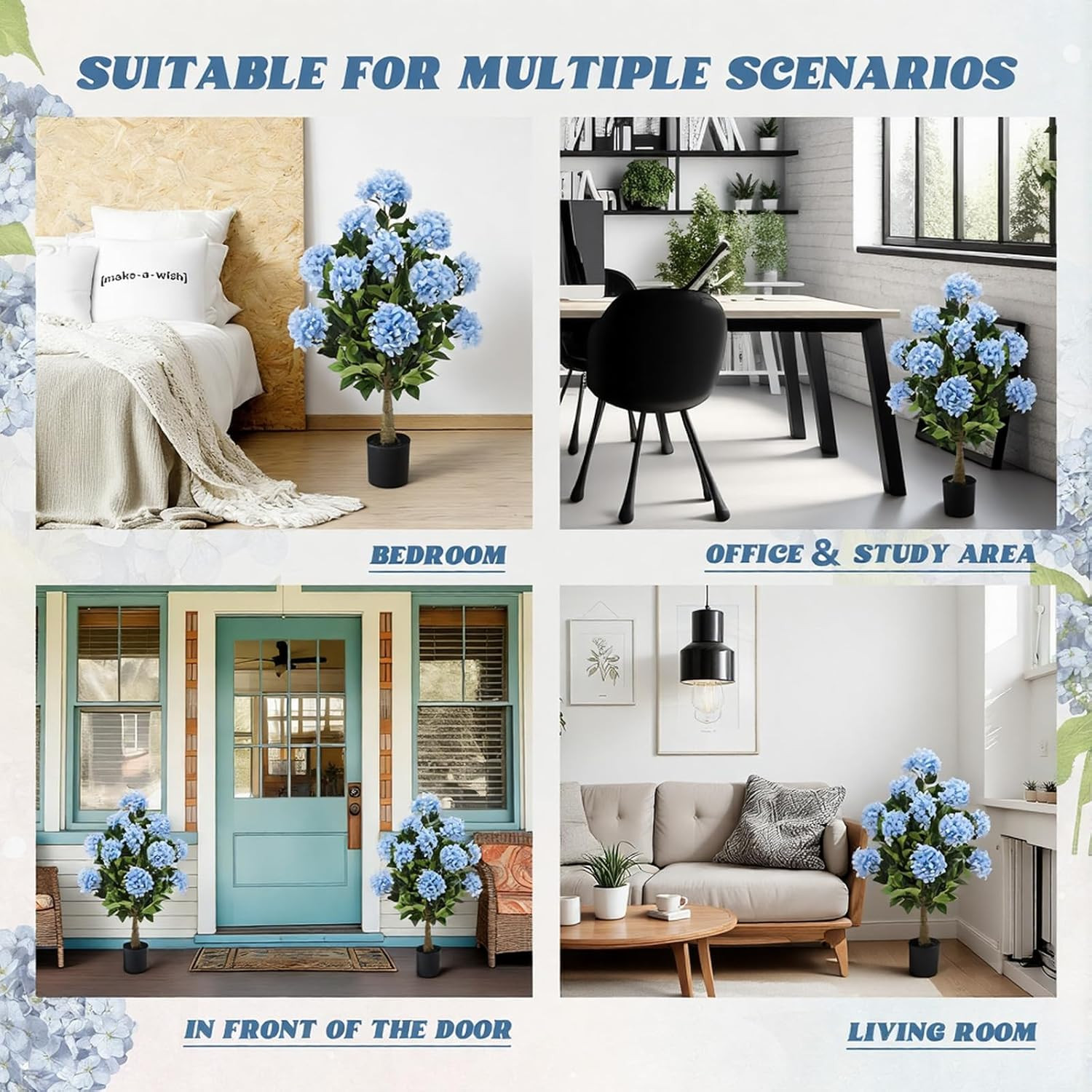 3Ft Blue Artificial Hydrangea Tree – 2 Pack UV Resistant Faux Silk Plant