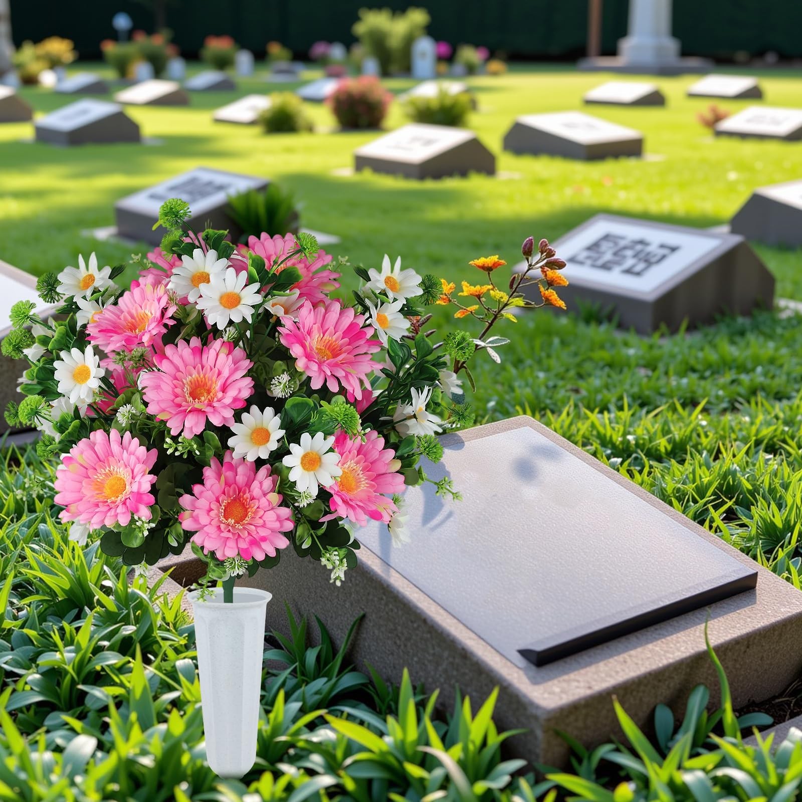 Artificial Cemetery Flowers for Grave with Vase, 24 Branches Daisy Fake Silk