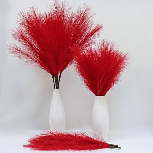 Pampas Grass Tall Fluffy, 5 Pcs Detachable Faux Bulrush Reed Grass Dark Red