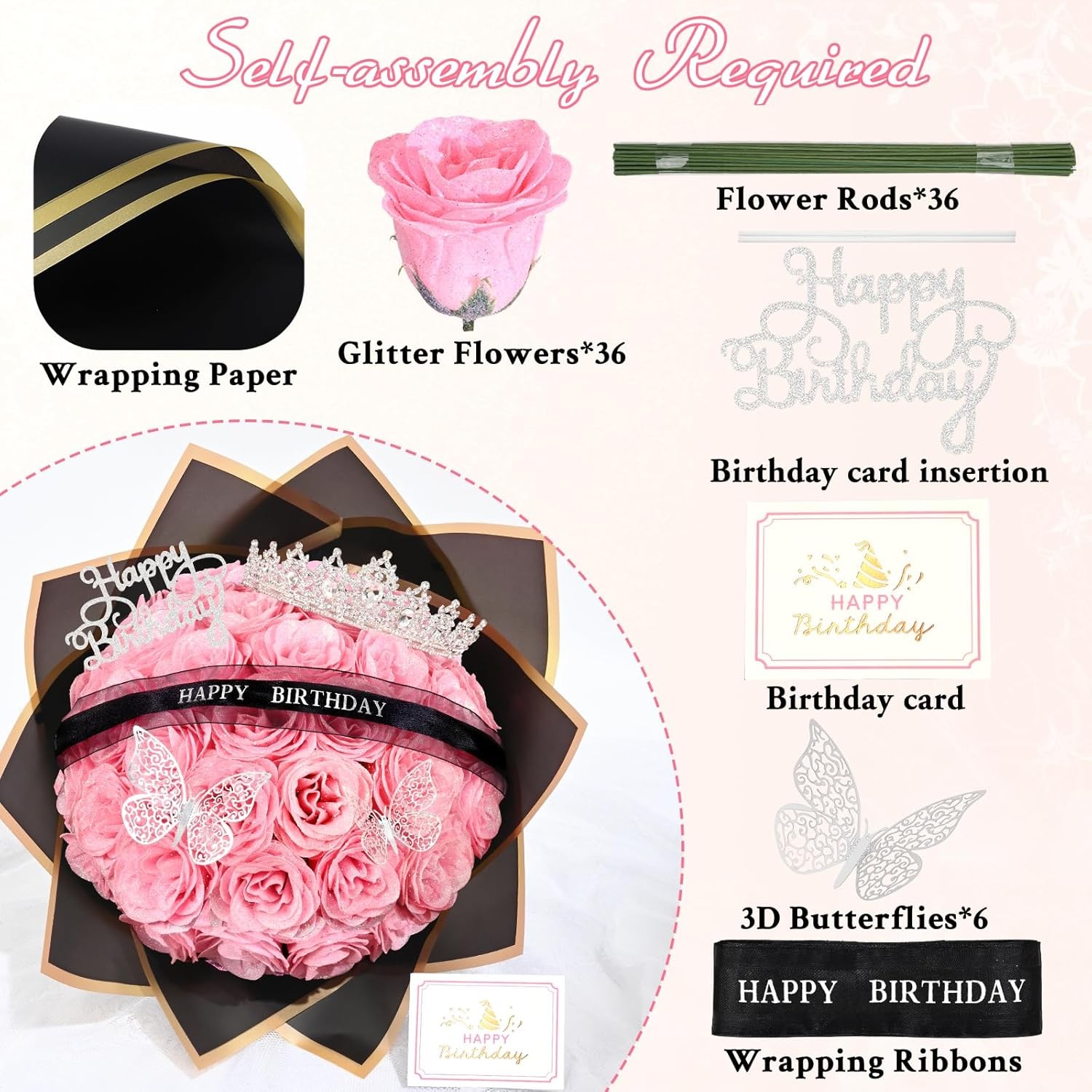 Waipfaru Glitter Roses Bouquet,Birthday Gifts for Women Mom,DIY Fake Flowers Bou