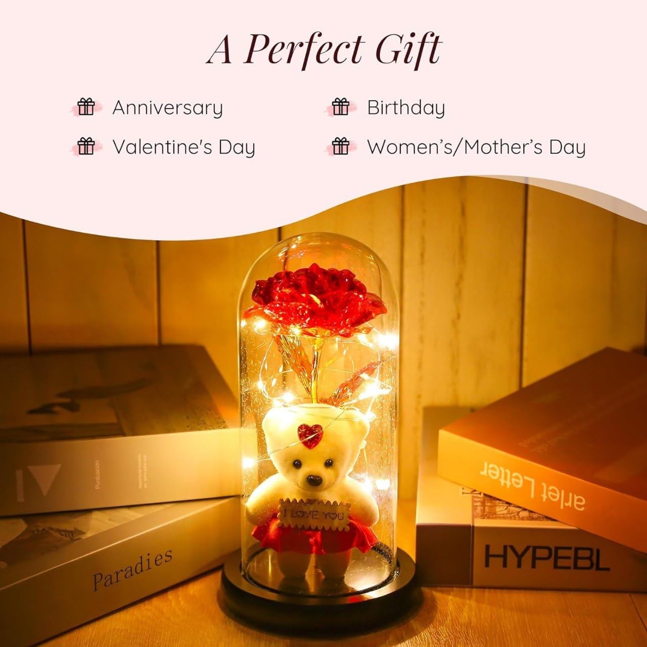 Artificial Flower Rose Light Gift in A Glass Dome with Teddy | Valentine GIfts