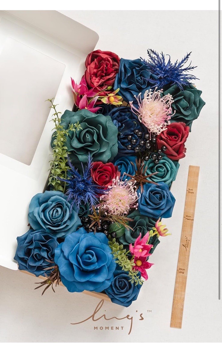 Ling’s Moment Fake Flowers Box, Foam Roses Artificial Fern Berry Faux Blue Navy