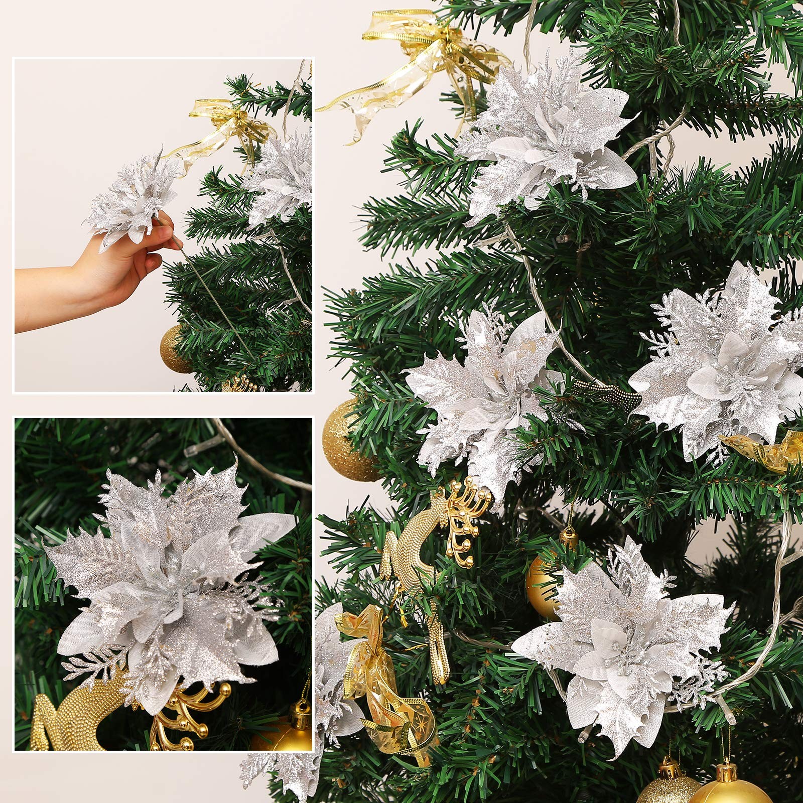 Greentime 12 Pcs 14cm / 5.5in Silver Poinsettia Artificial Flowers with Clips