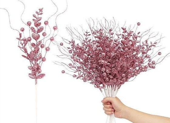 24 pc Christmas Decoration Picks Artificial Glitter Berry Stems Sprays Pink 17″