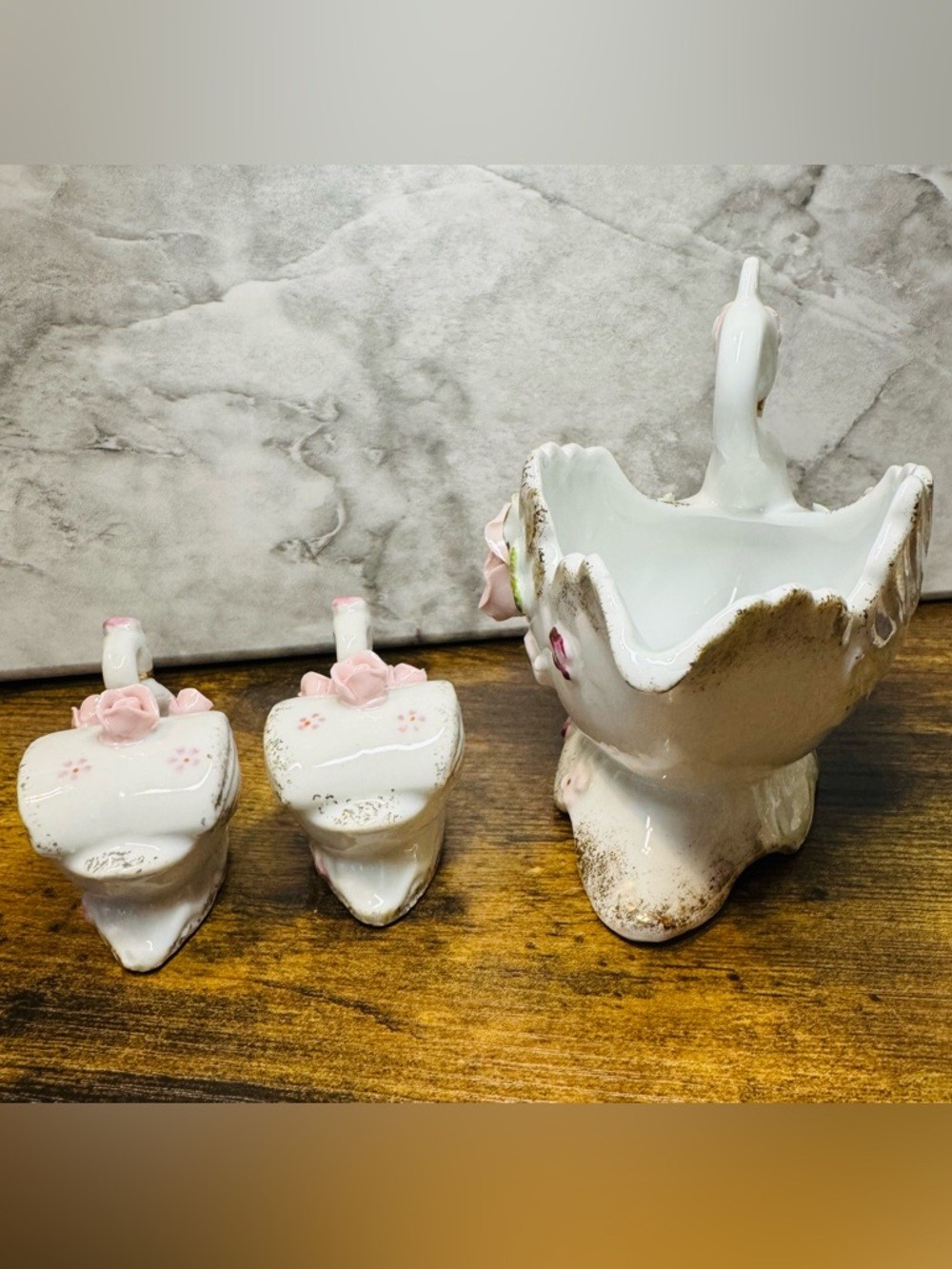 Vintage Napco Porcelain Swan Planter Vase w/ Japan Salt & Pepper Shakers