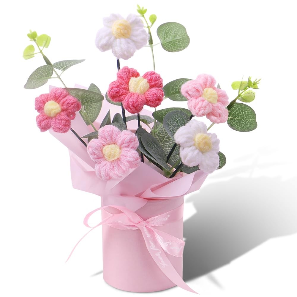 Pink Crochet Flower Bouquet Artificial Knitted Woven Flowers Wedding Home Decor