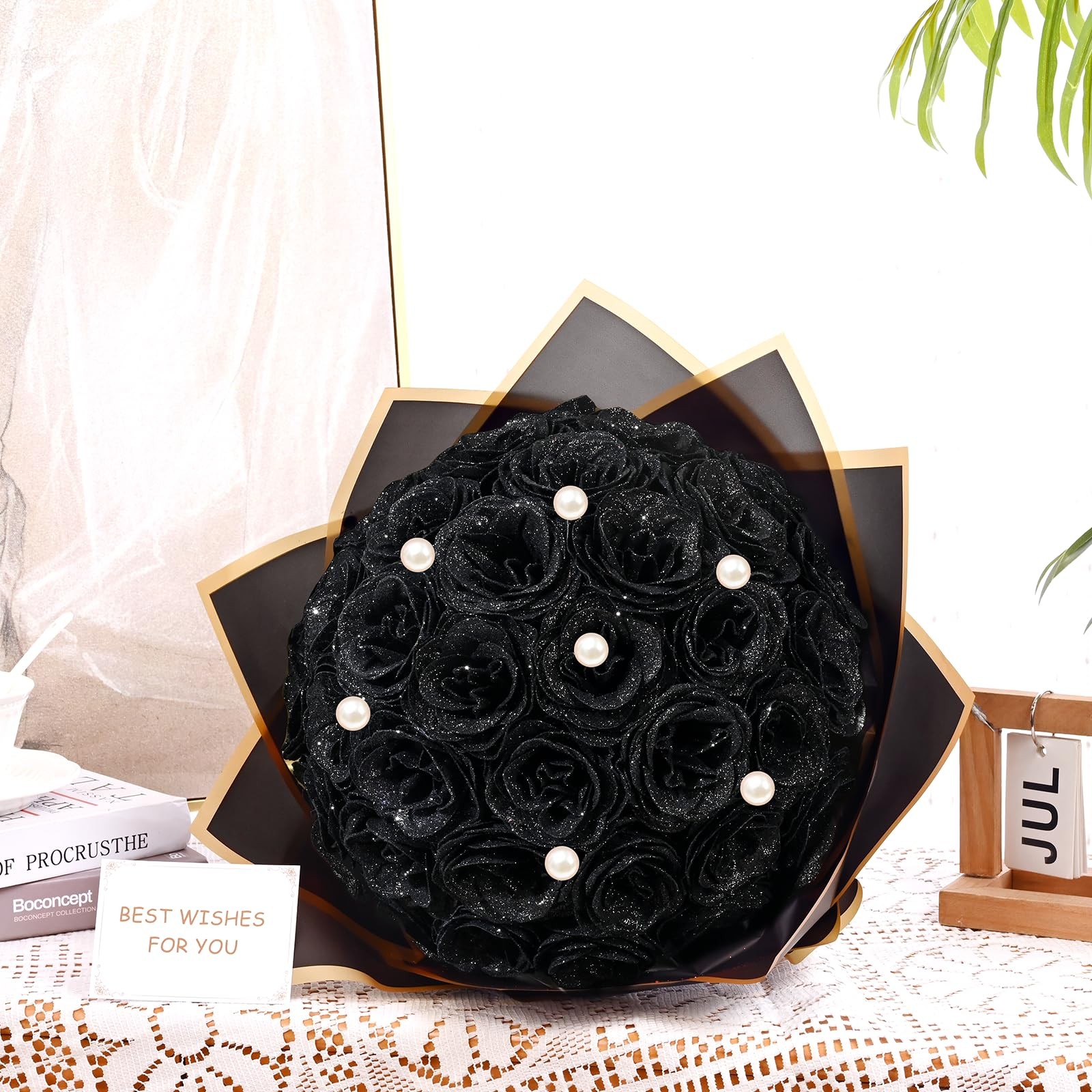 36 PCS Black Glitter Artificial Roses DIY Fake Flowers Bouquet Wedding Decor