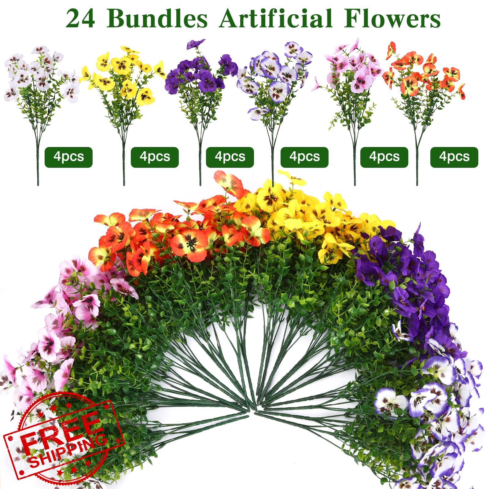 CEWOR Artificial Flowers Yellow White Purple Pink Orange Blue 24 Bundles