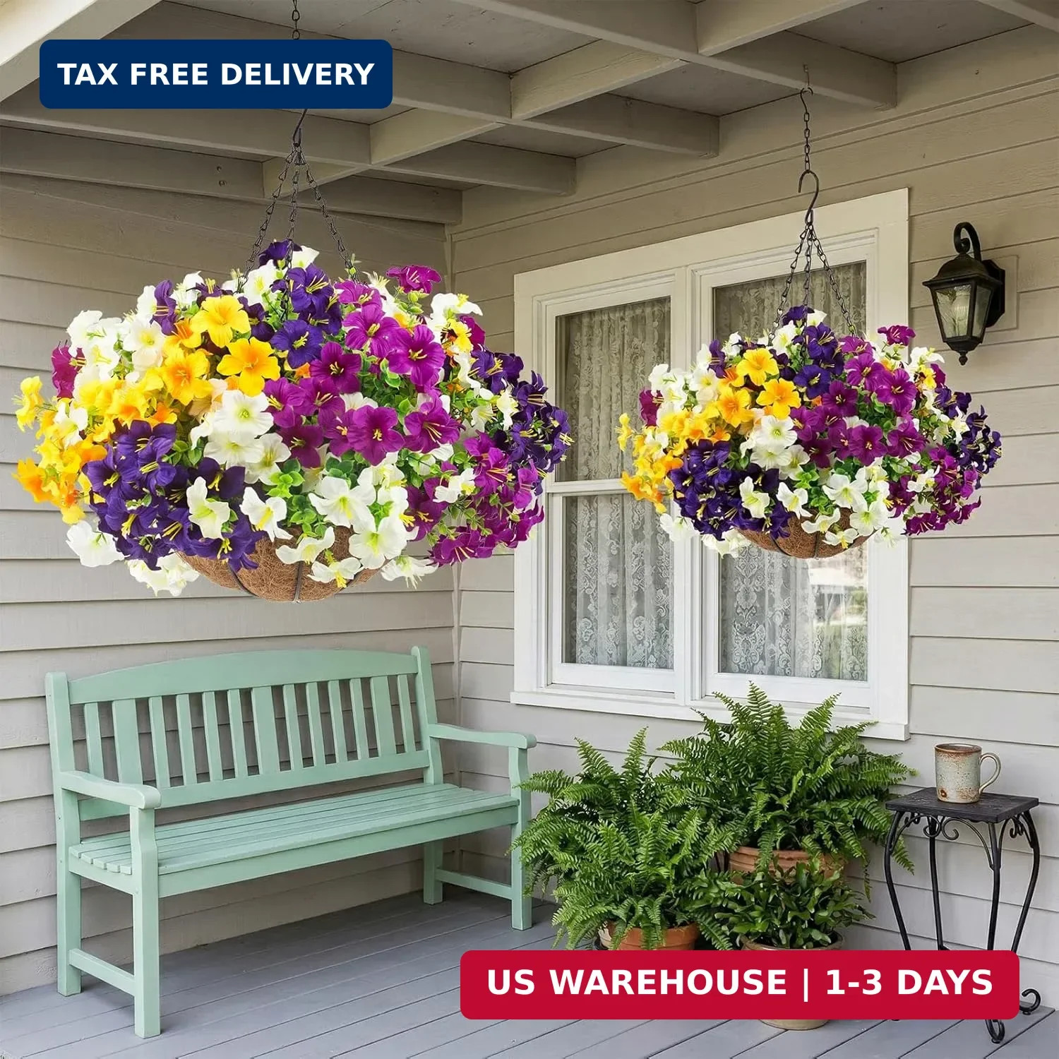 2 Set Artificial Outdoor Flowers with Hanging Baskets,24 Pcs UV Resistant Faux P