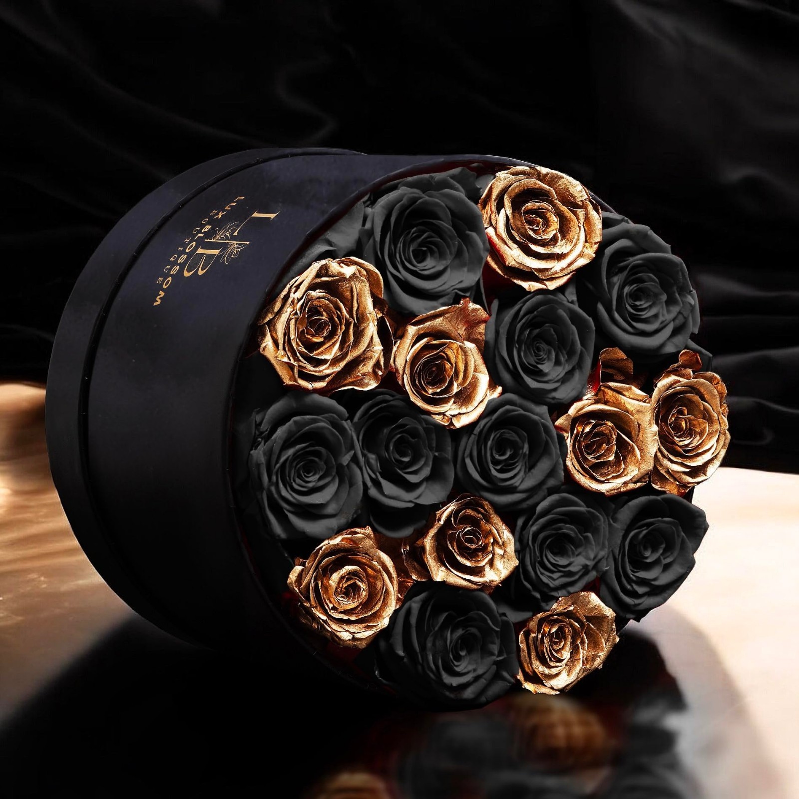 17 Black & Gold Forever Roses in Velvet Box – Luxury Preserved Graduation Gifts,