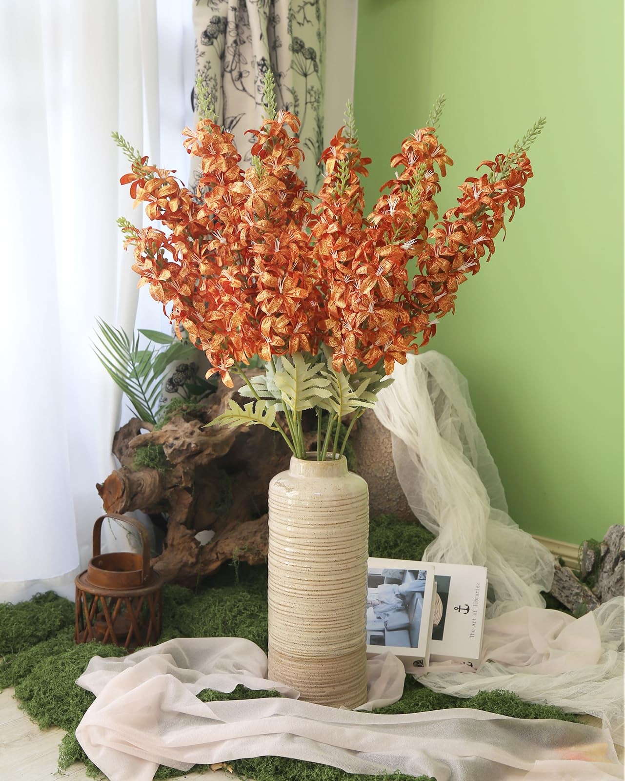 38″ Orange Glitter Delphinium Artificial Flowers, 6PCS Sparkle Metallic Silk …