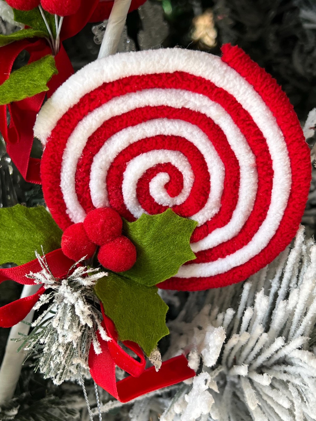 Red Candy Lollipop with Pom Pom Holly Spray Stem Pick Christmas Craft Supplies