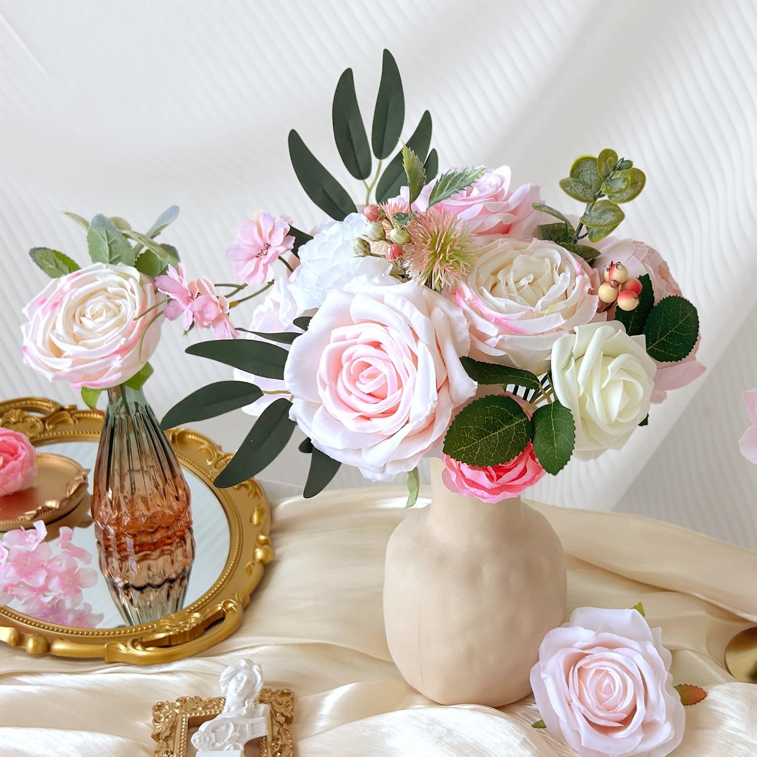 Blush Pink Artificial Flowers Combo Box Set Light Pastel Silk Roses with Stem…