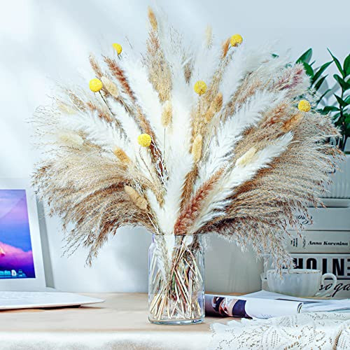 100PCS Natural Dried Pampas Grass Decor – 17.5″ Fluffy Pampas Grass Bouquet –