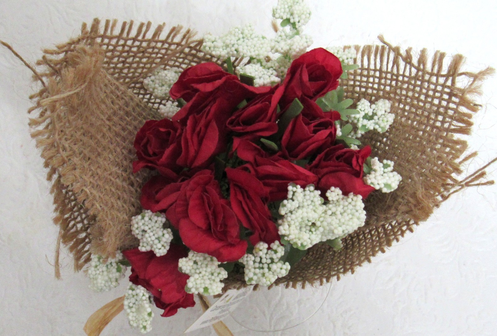 Rustic Faux Red Rose Floral Arrangement in Burlap Wrap – Small Decorative Accent