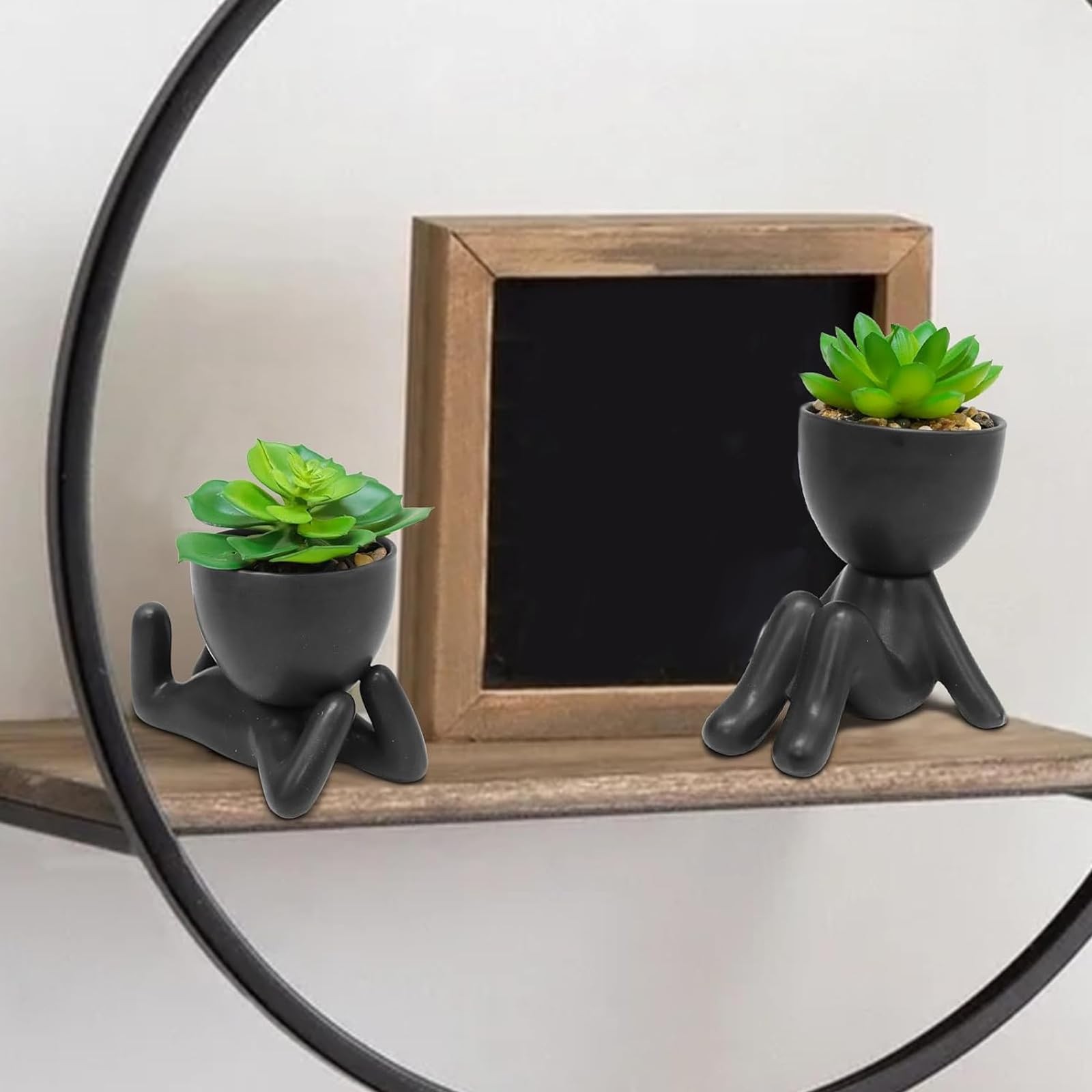 2 PCS Cute Artificial Succulent Plants Black Human Shaped Pots Desk Planter