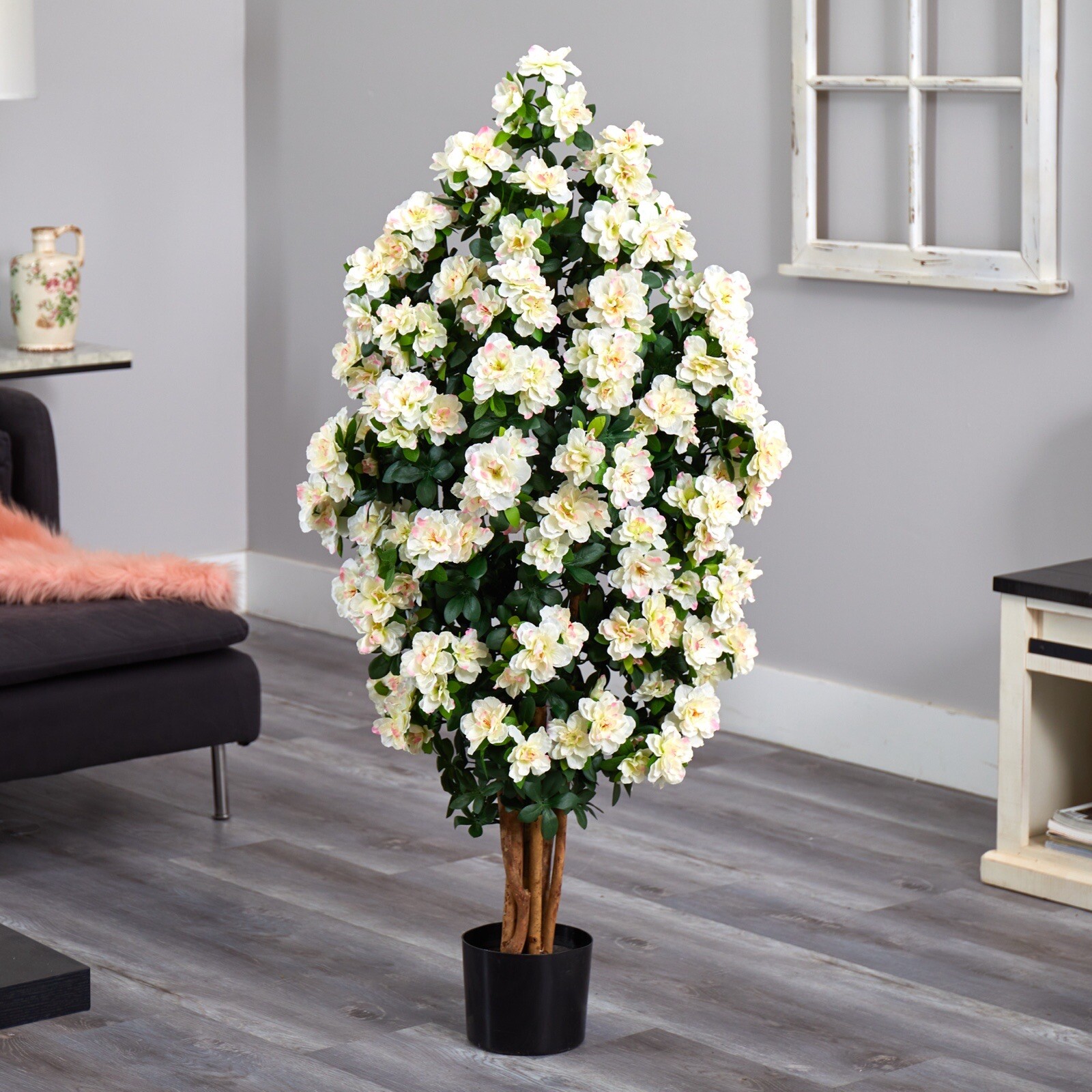 57” Azalea Artificial Flowering Tree with Natural Trunk Home Decor. Retail $179