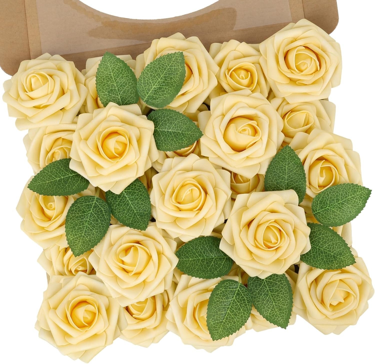 Elegant 25Pcs Artificial Goose Yellow Roses with Leaves for Festive Arrangements