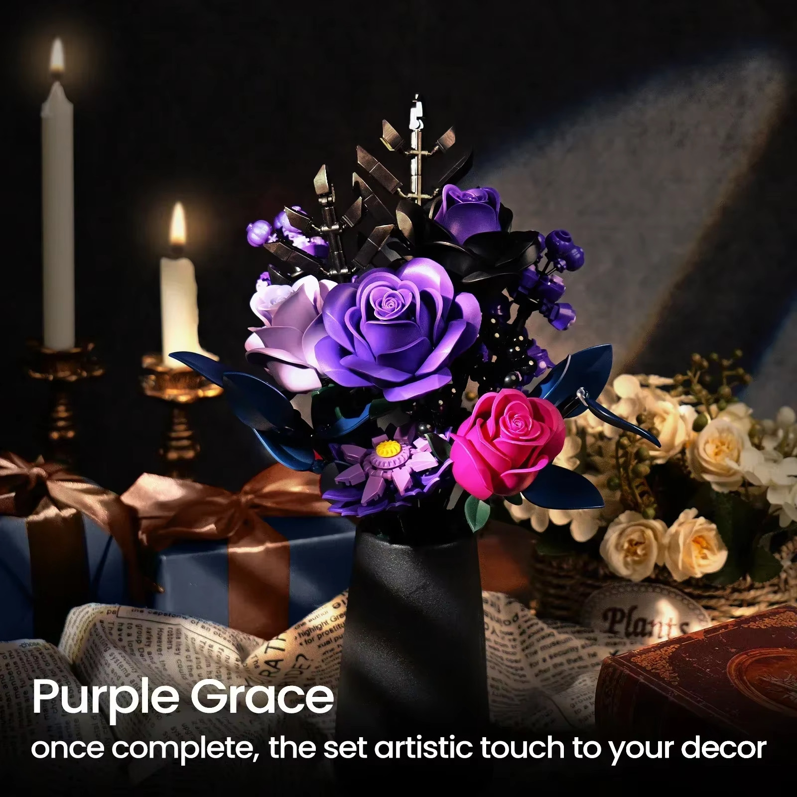 Purple Rose Botanical Building Block Set,Gothic Decor Artificial Rose Flower