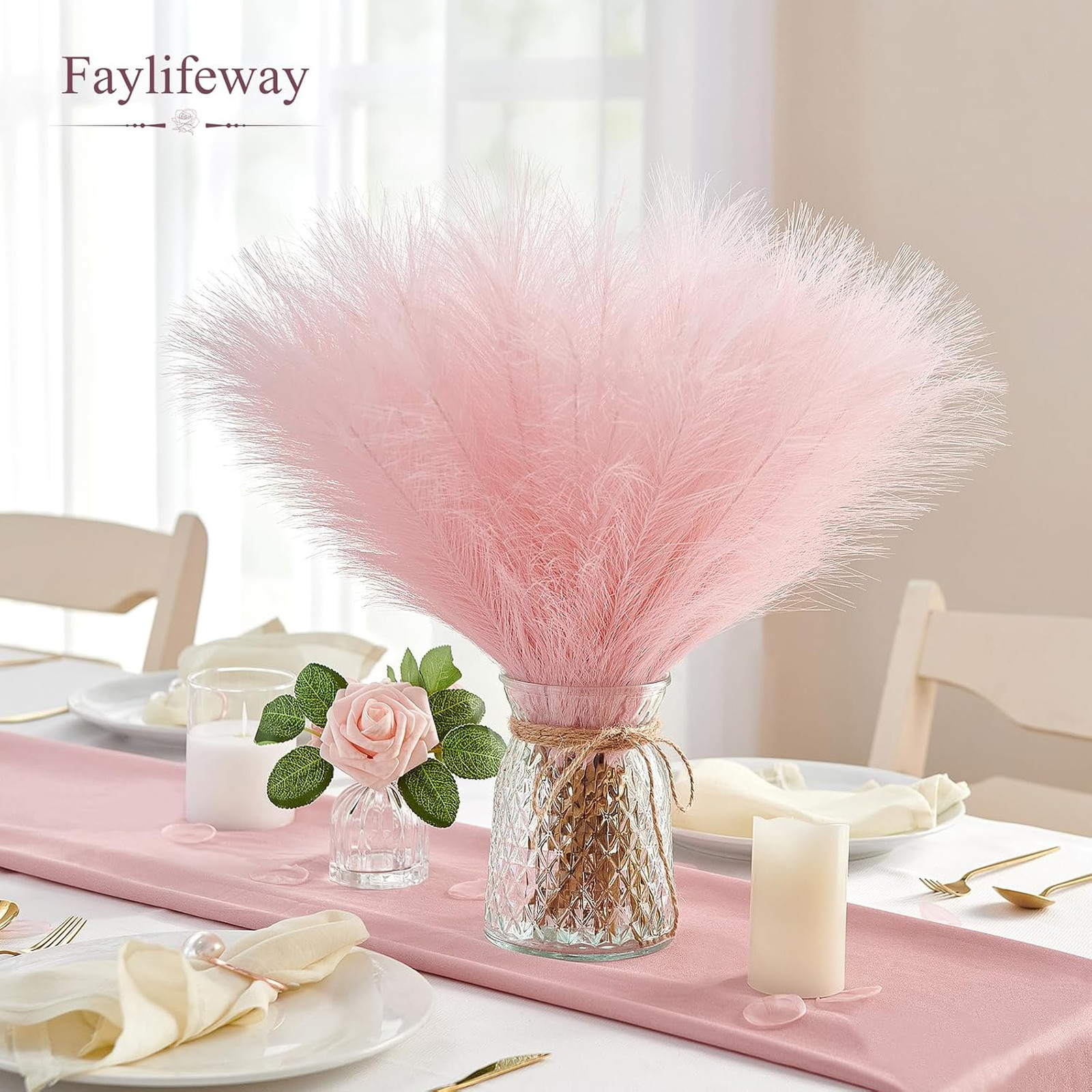 50 Pcs Artificial Pampas Grass Stems Pink Fluffy Decor for Living Room Wedding