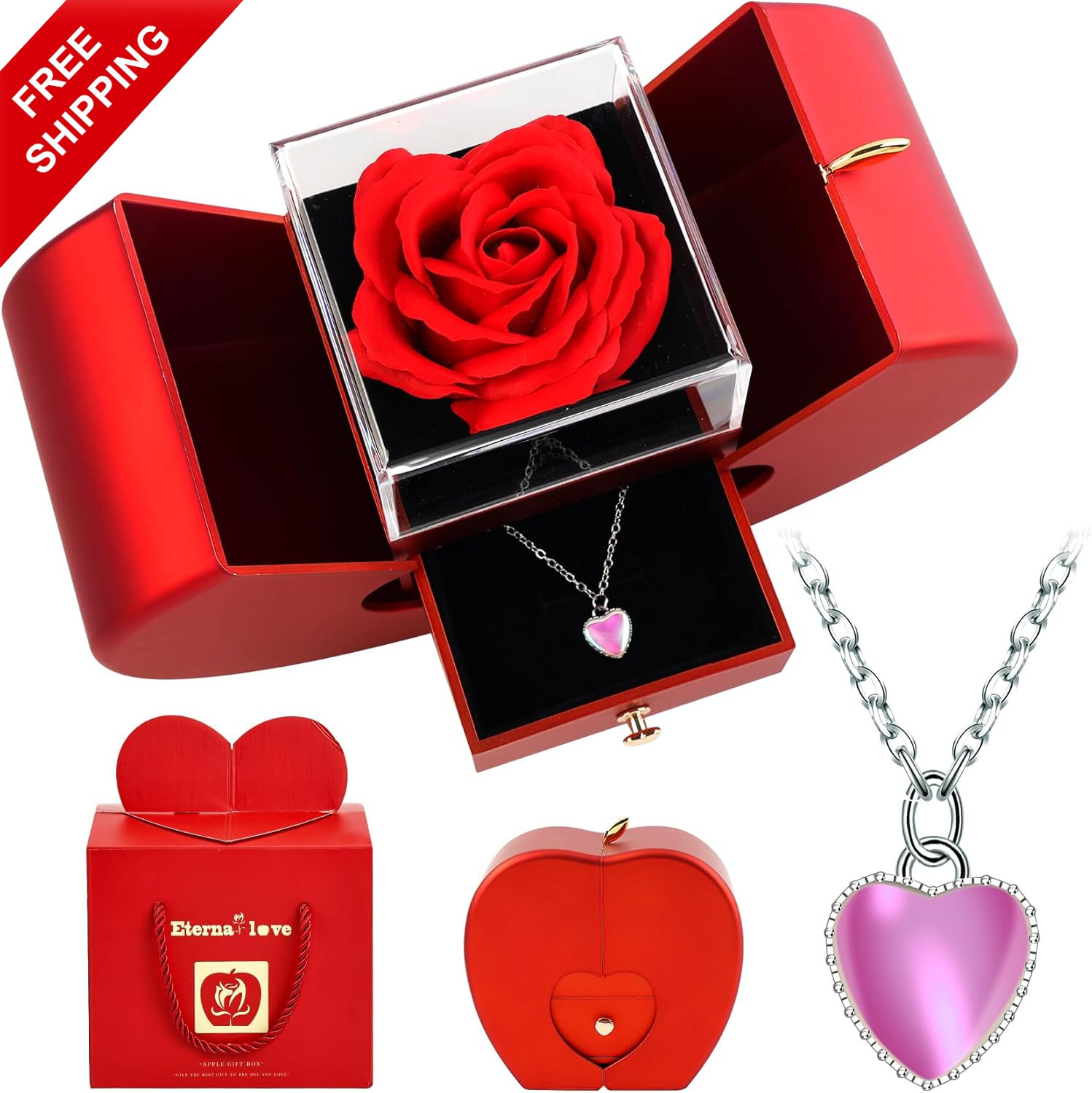 Forever Red Roses in a Box Preserved Rose with Rainbow Necklace Heart Box