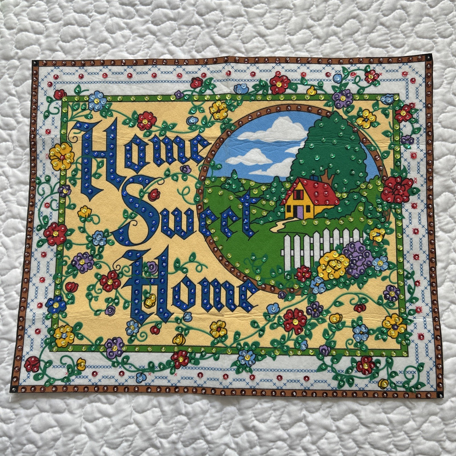 Home Sweet Home Felt Sequin Jeweled Table Topper Wall Hanging House Fence Flower